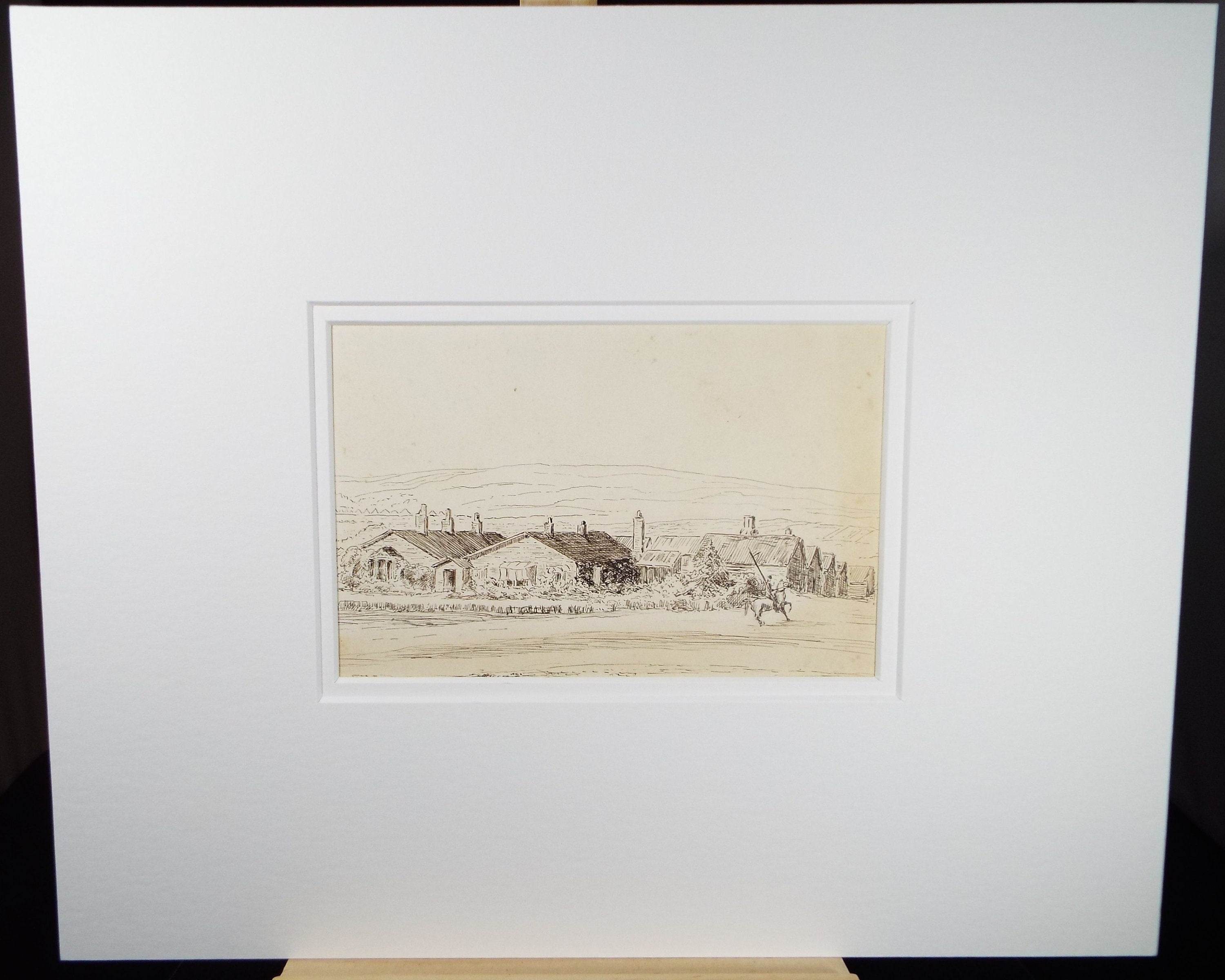 Original Pen & Ink, late 19th Century, ' Barracks with Mounted Figure', Unknown Artist