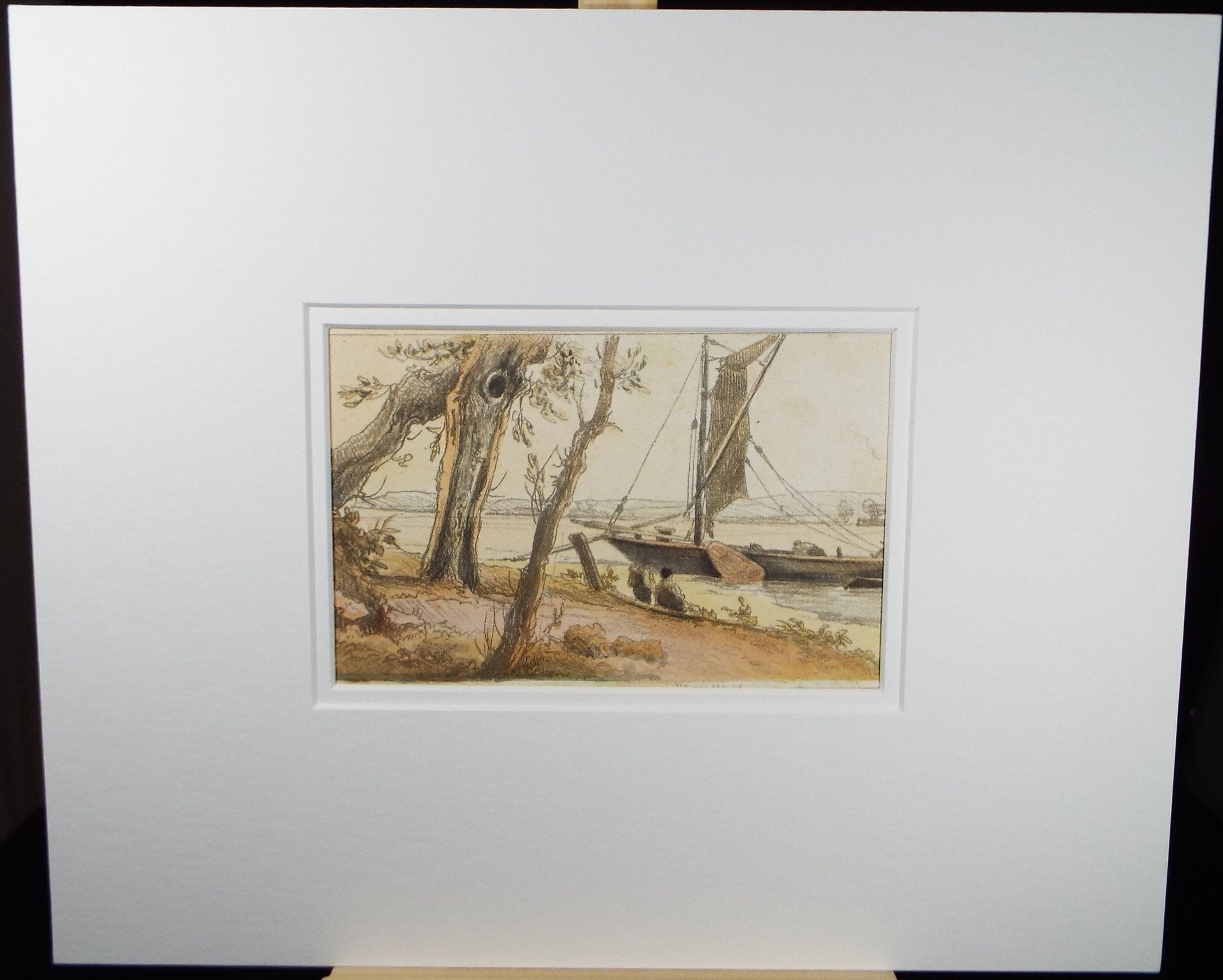 Original Pencil & Watercolour,'Sailing Boat with Figures', Artist Unknown, Late 19th Century