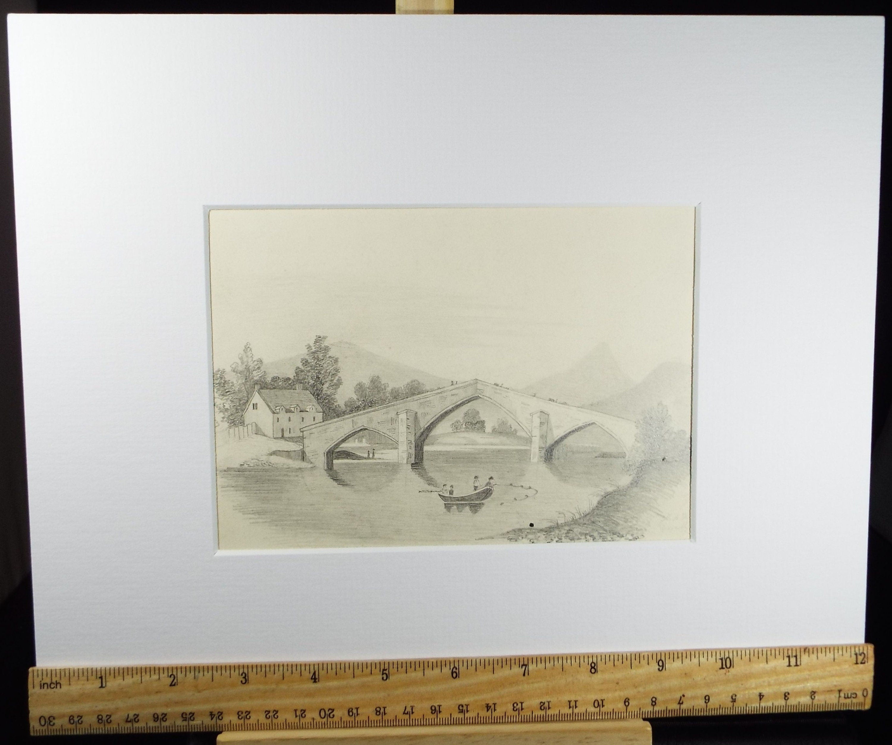 Original Pencil Drawing, 'Fishing below the Bridge', Late 19th Century, Artist Unknown