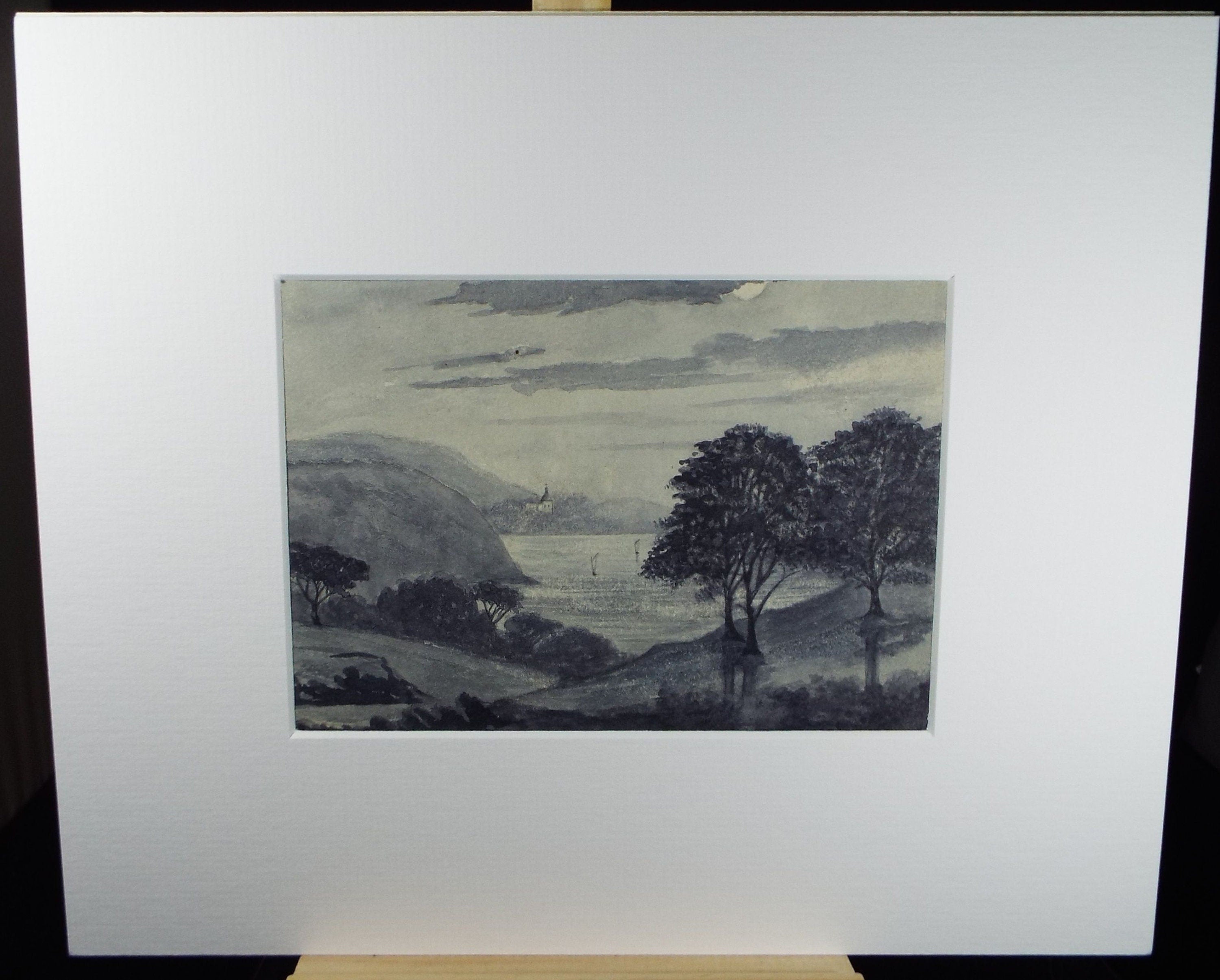 Original Watercolour, 'Lake view with hills', Late 19th Century, Artist Unknown