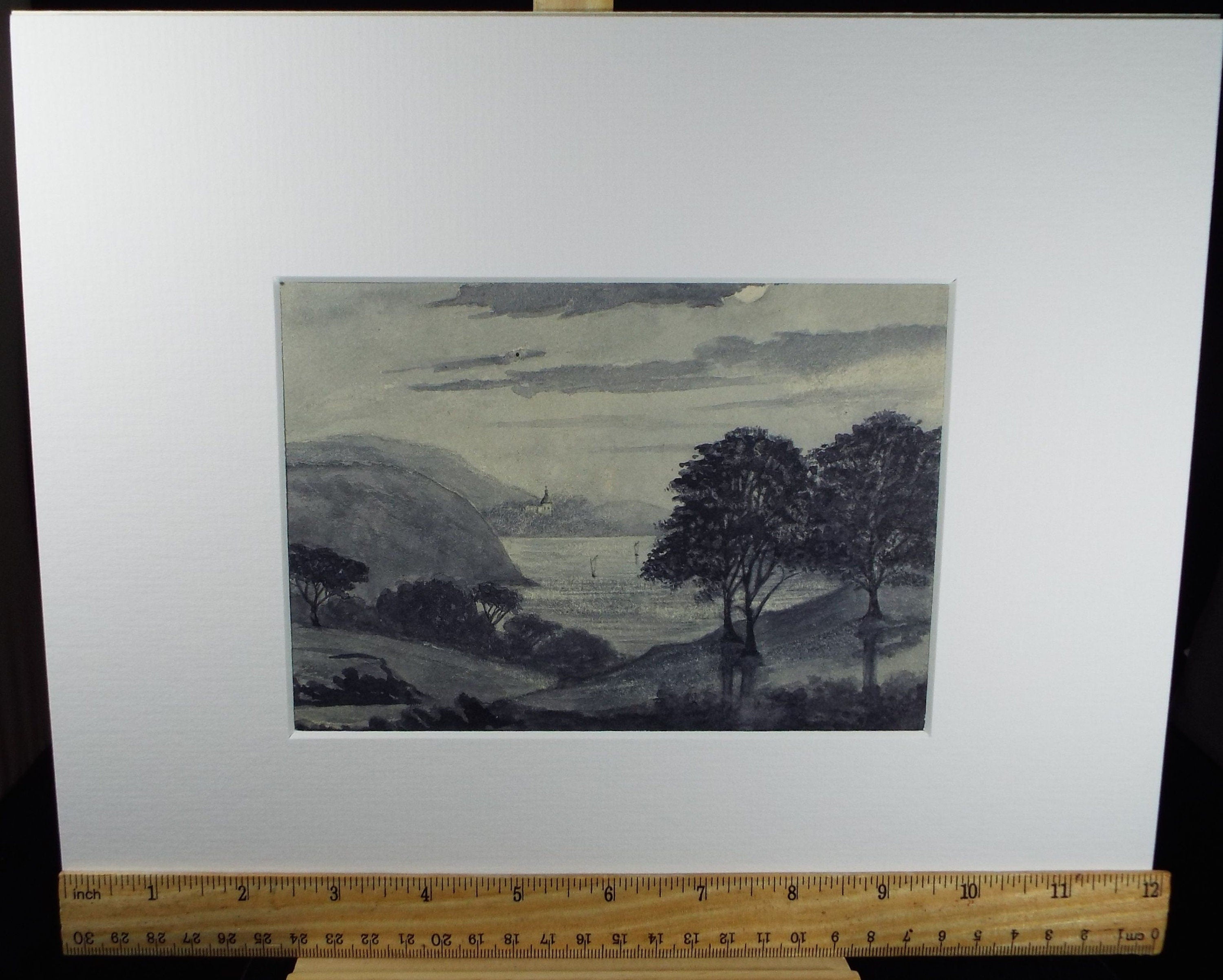 Original Watercolour, 'Lake view with hills', Late 19th Century, Artist Unknown