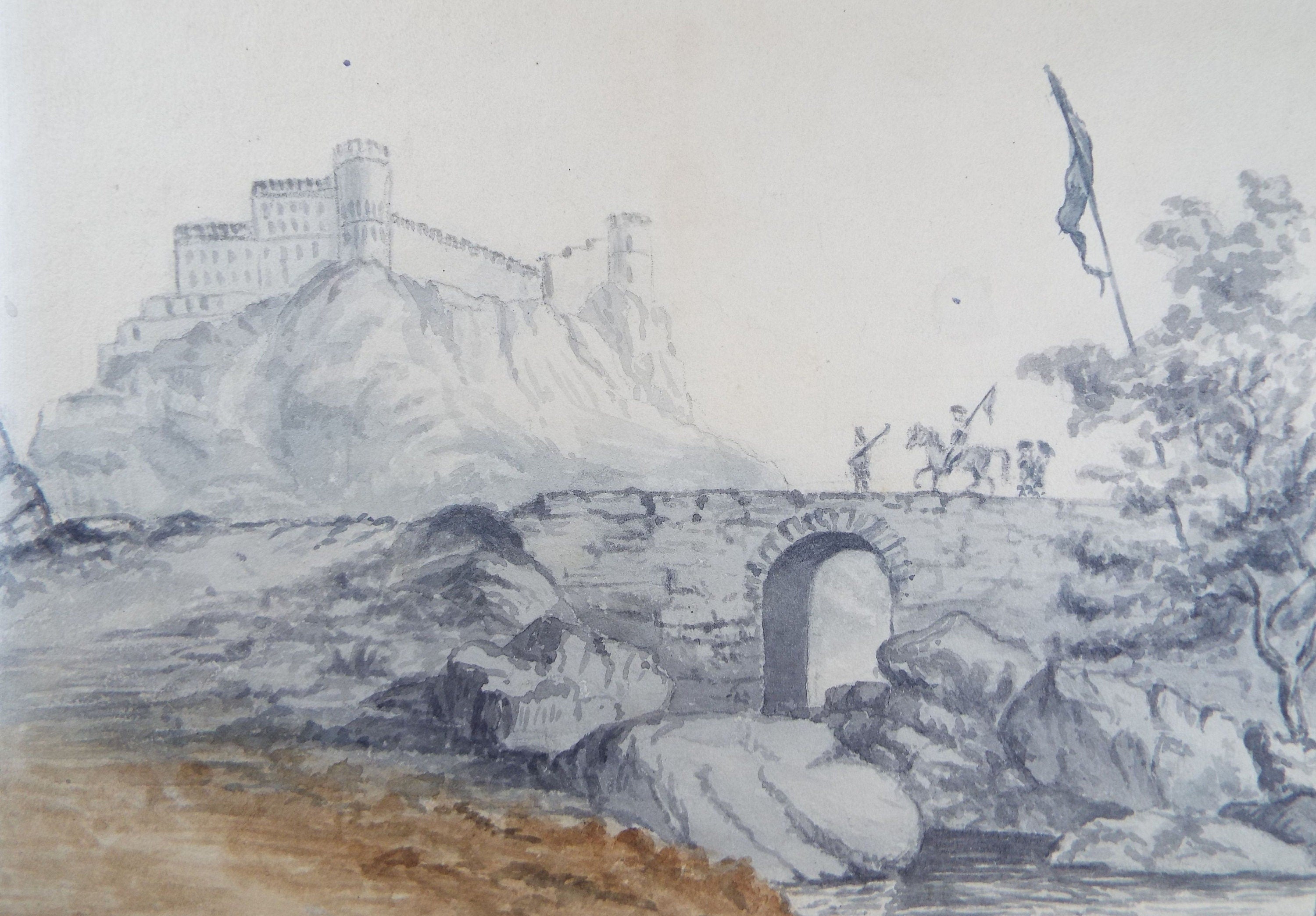 Original Pencil drawing and wash ' Fort of Attock', dated 1849, Artist Unknown