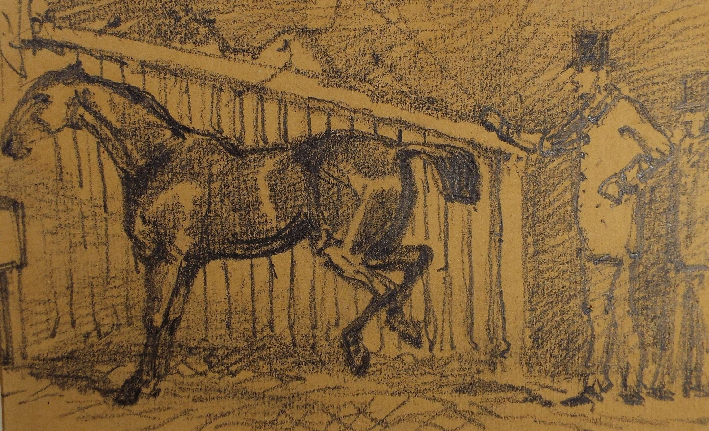 Original Pencil Drawing, 'Horse in the stalls with figures', Elizabeth Blommart, c1860's