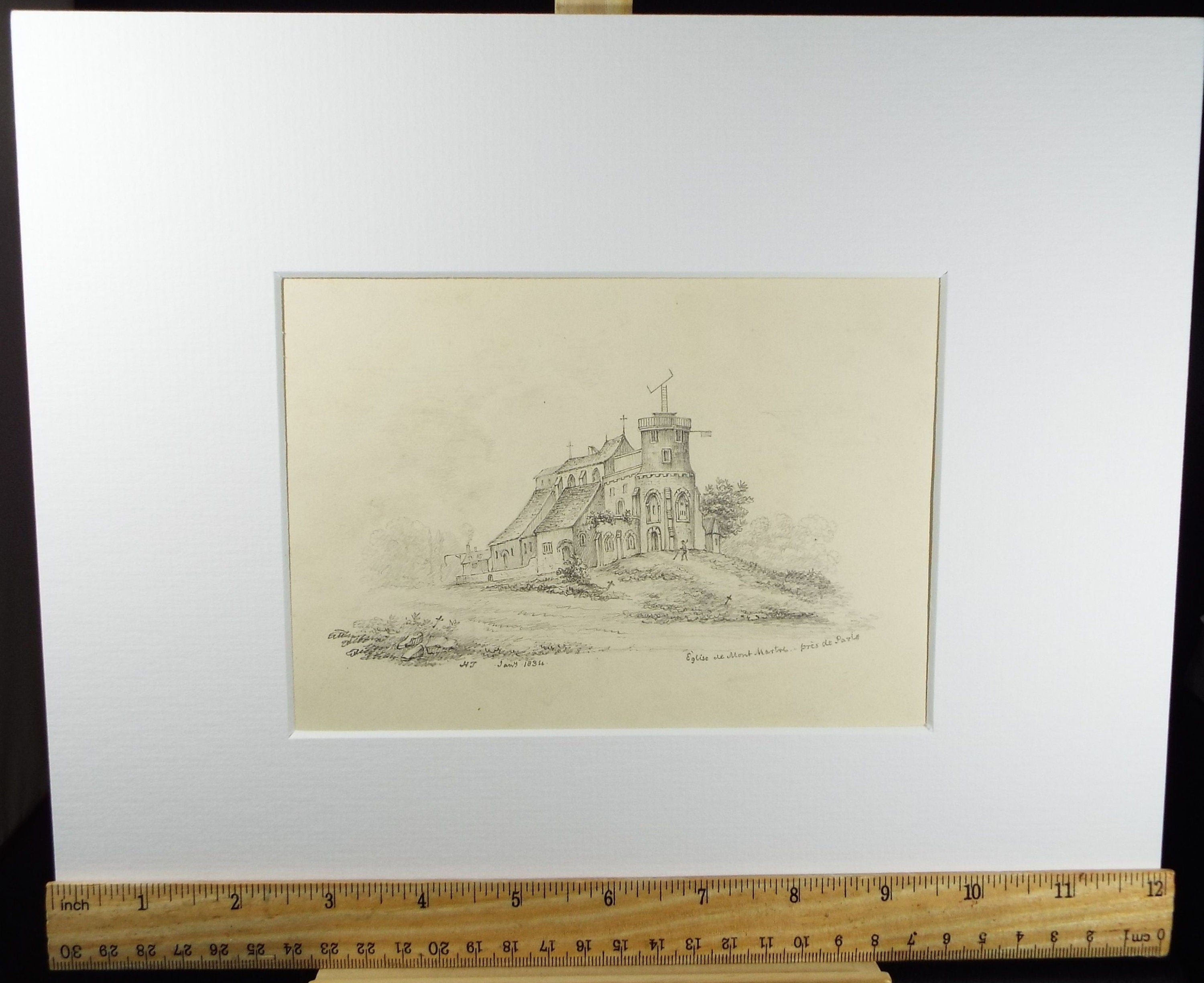 Original Pencil, 'Eglise Saint-Mar de Martel', Signed with initials HJ and dated 1834