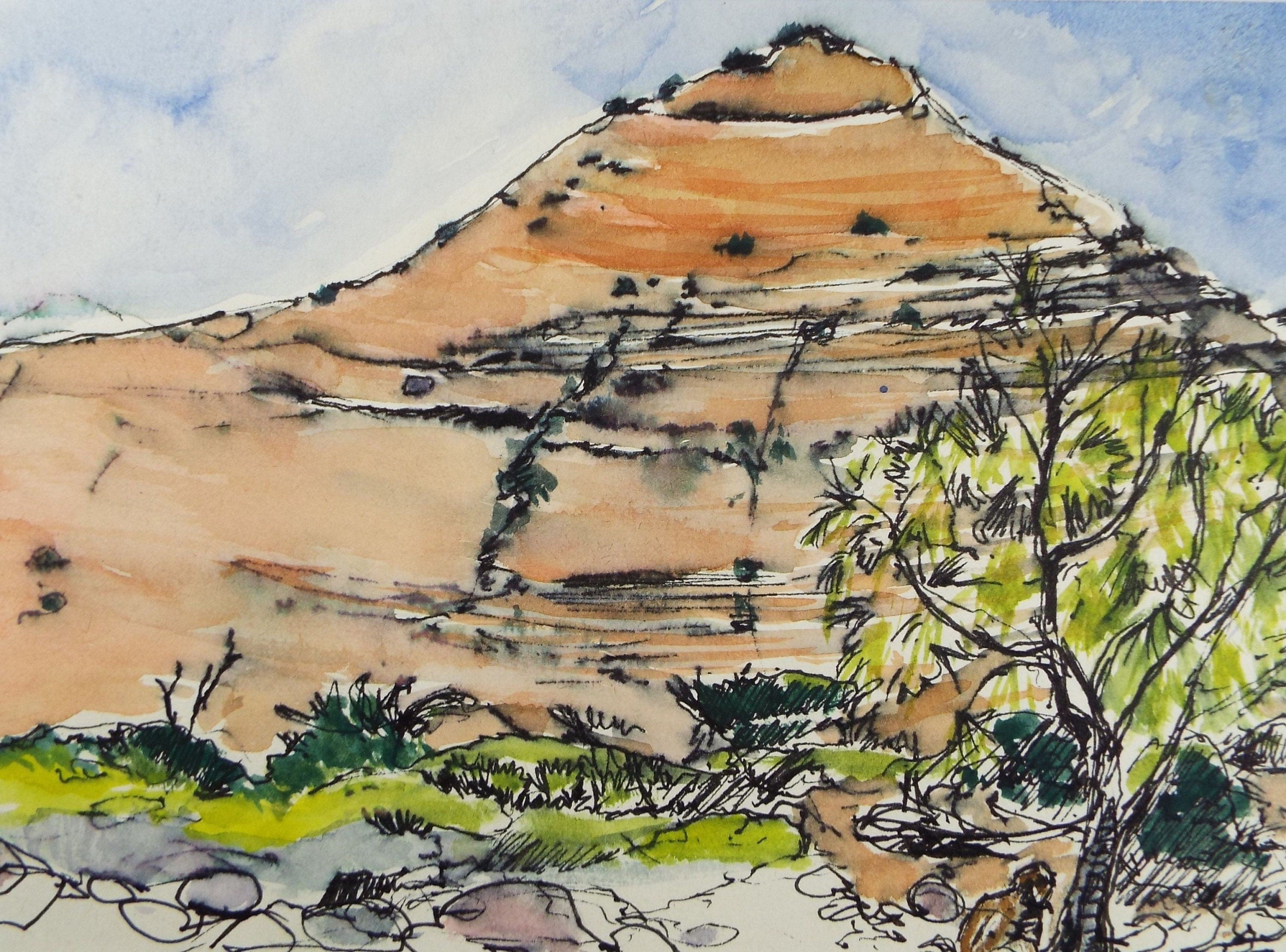 Original Watercolour, 'Sandstone Escarpment', Circa 1980's, Artist Unknown