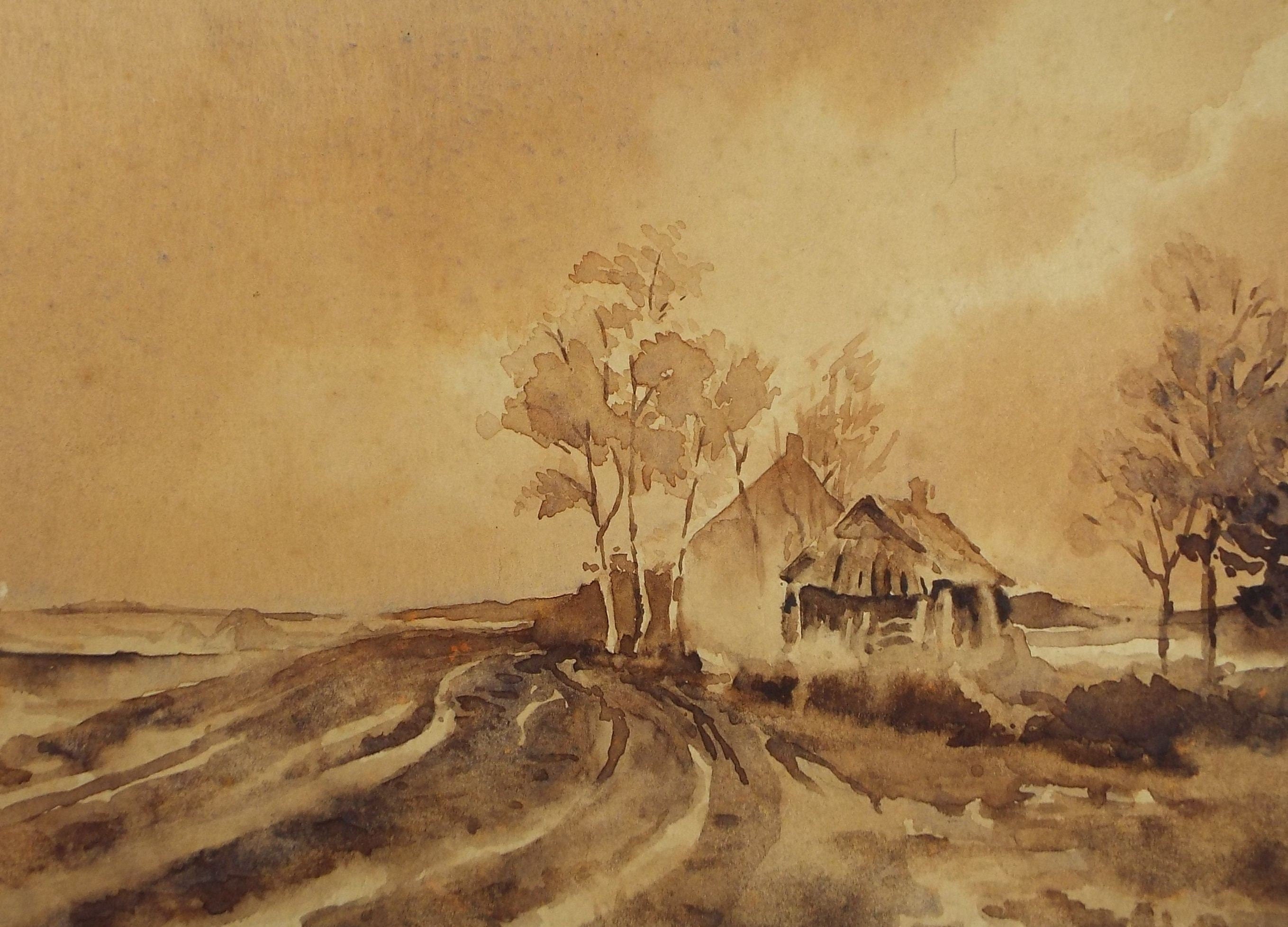 Original Watercolour, 'Homestead', Early 20th Century, Artist Unknown