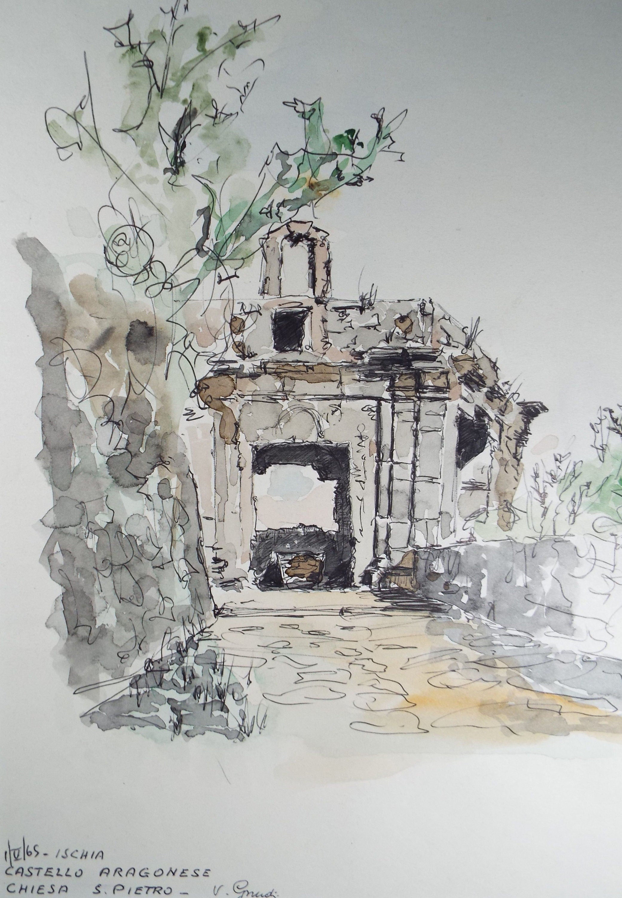 Original Watercolour & India Ink , 'Castelloe Aragonese', Dated 1965, Indistinctly Signed