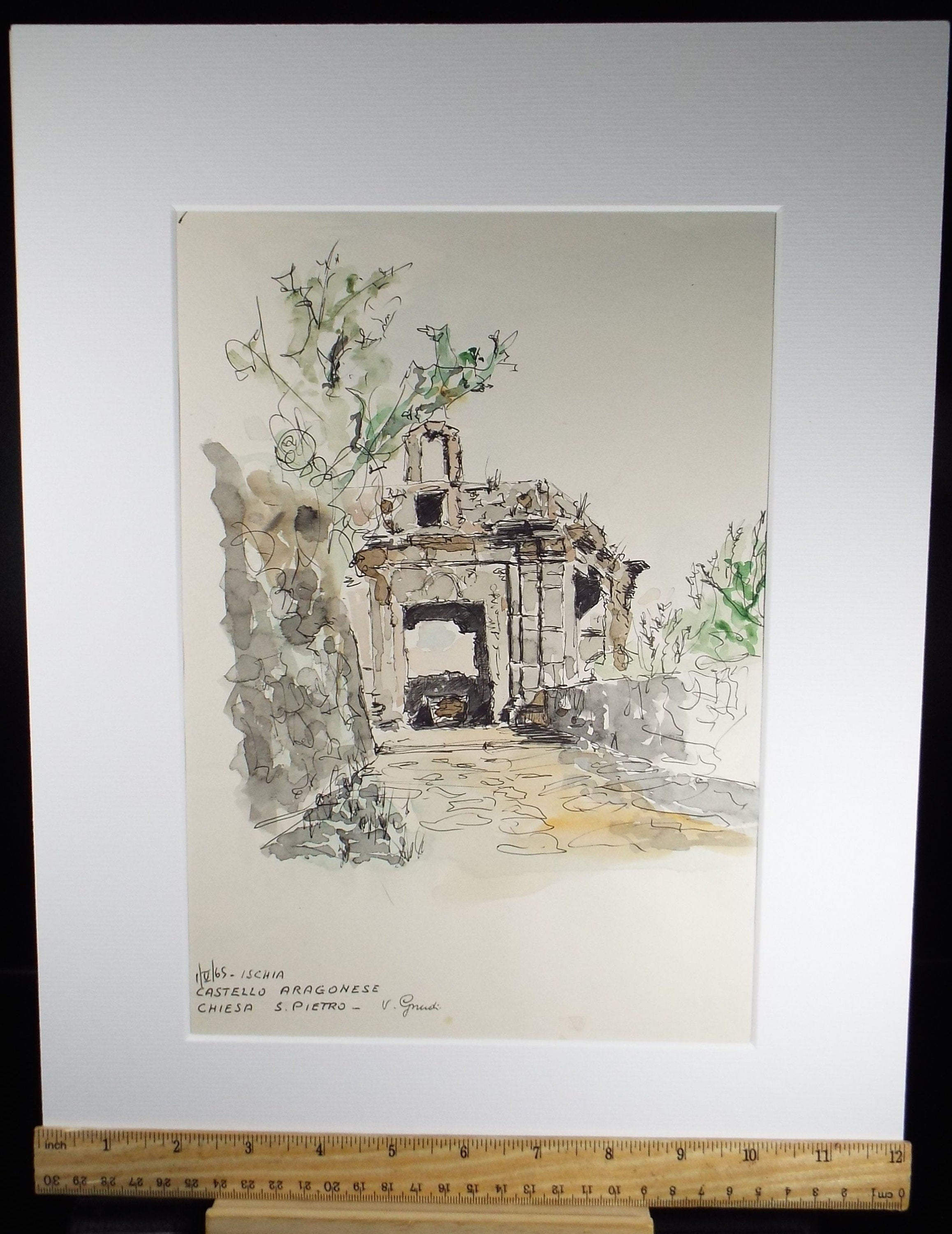 Original Watercolour & India Ink , 'Castelloe Aragonese', Dated 1965, Indistinctly Signed