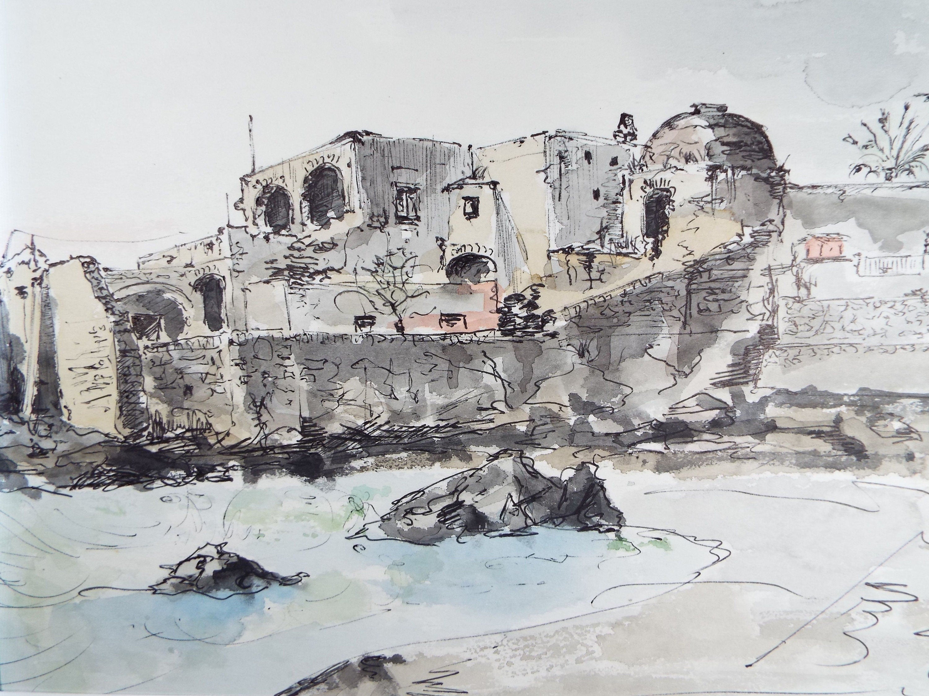 Original Watercolour & India Ink , 'Ischia, Capo Molino'.  Dated 1965, Indistinctly Signed