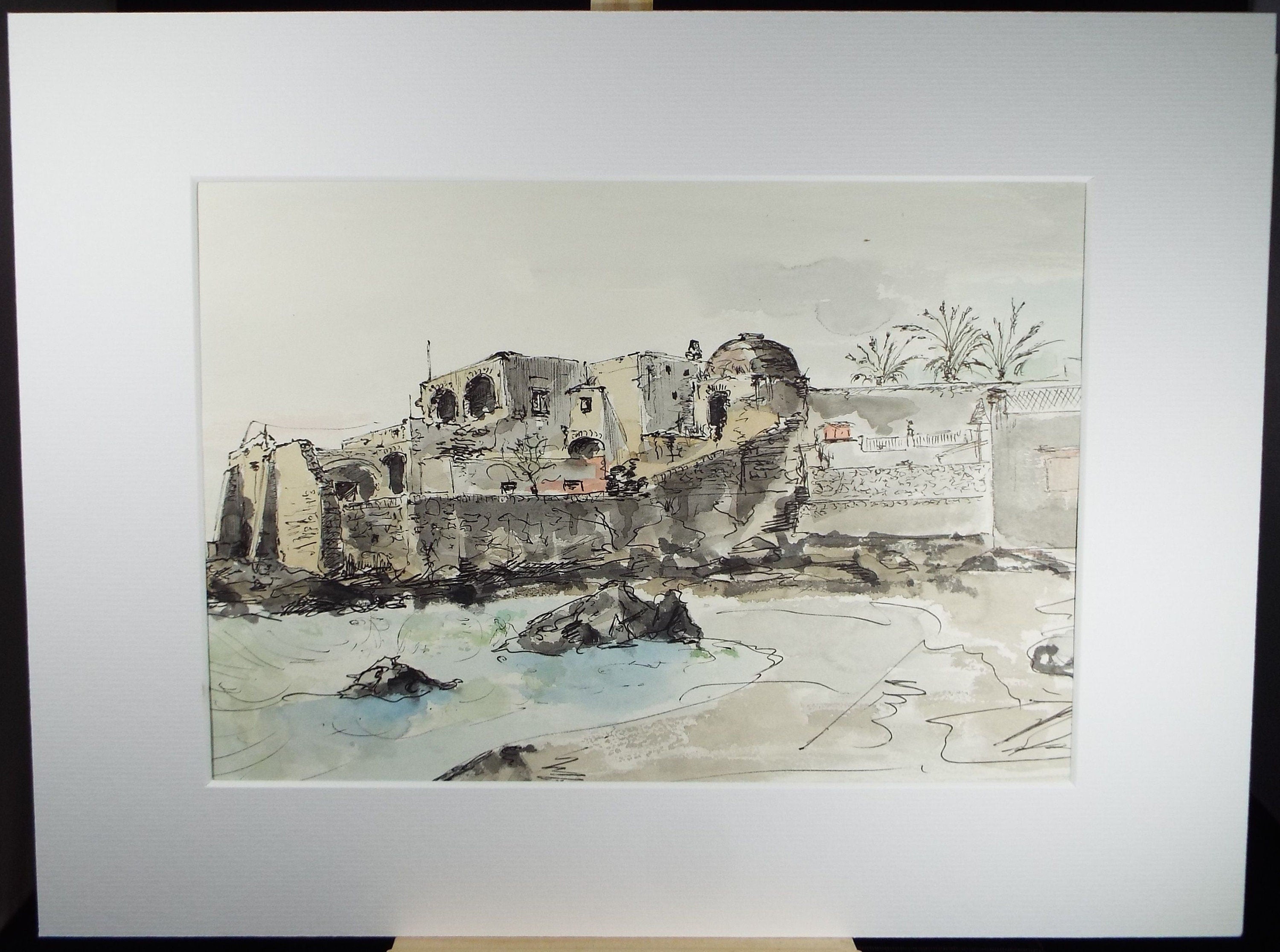 Original Watercolour & India Ink , 'Ischia, Capo Molino'.  Dated 1965, Indistinctly Signed