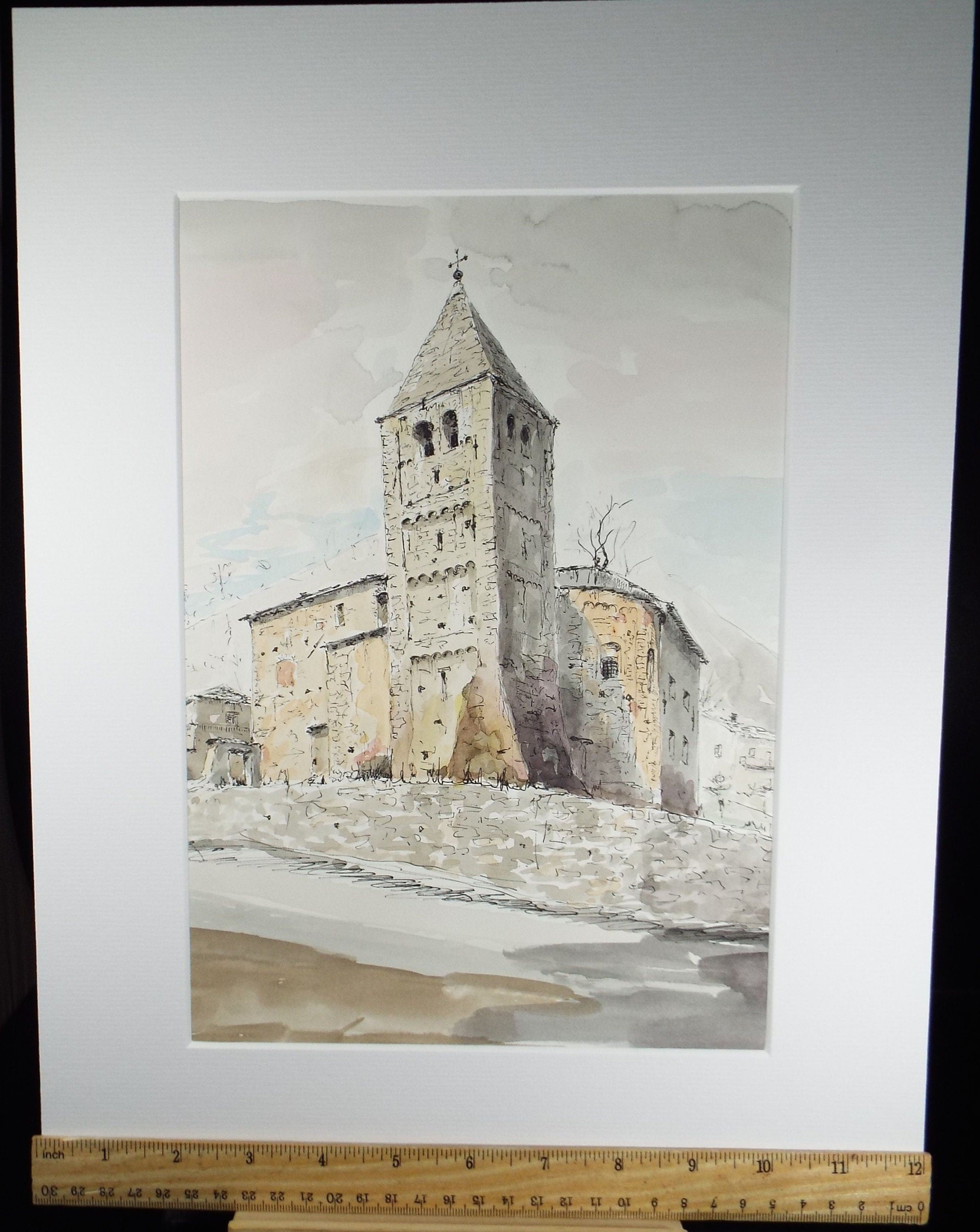 Original Watercolour & India Ink , 'Celle, Val di Susa', Dated 1966, Indistinctly Signed