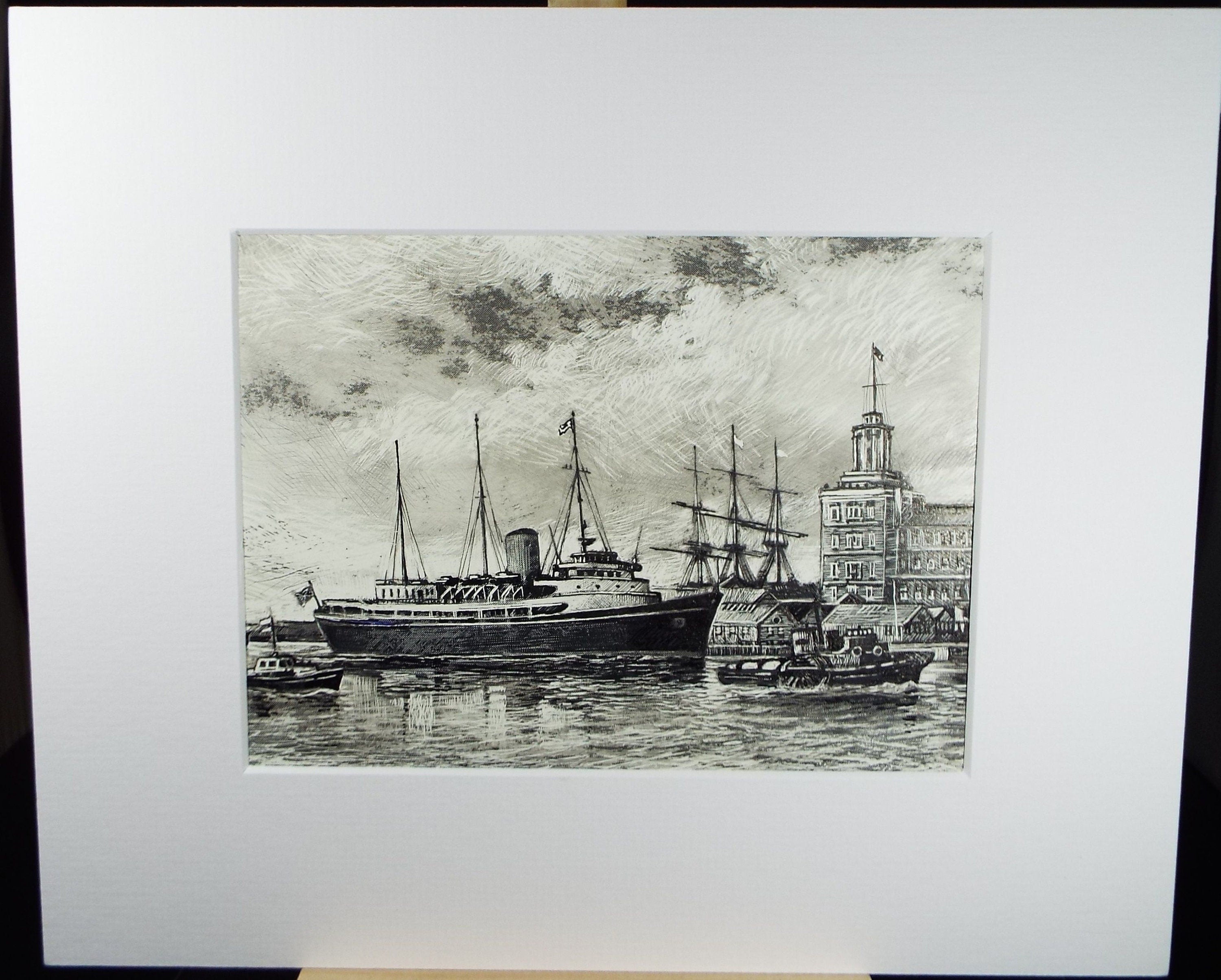 Original Drawing on Scraper Board, 'Britannia in Portsmouth Harbour',  1985, David Beer b1936