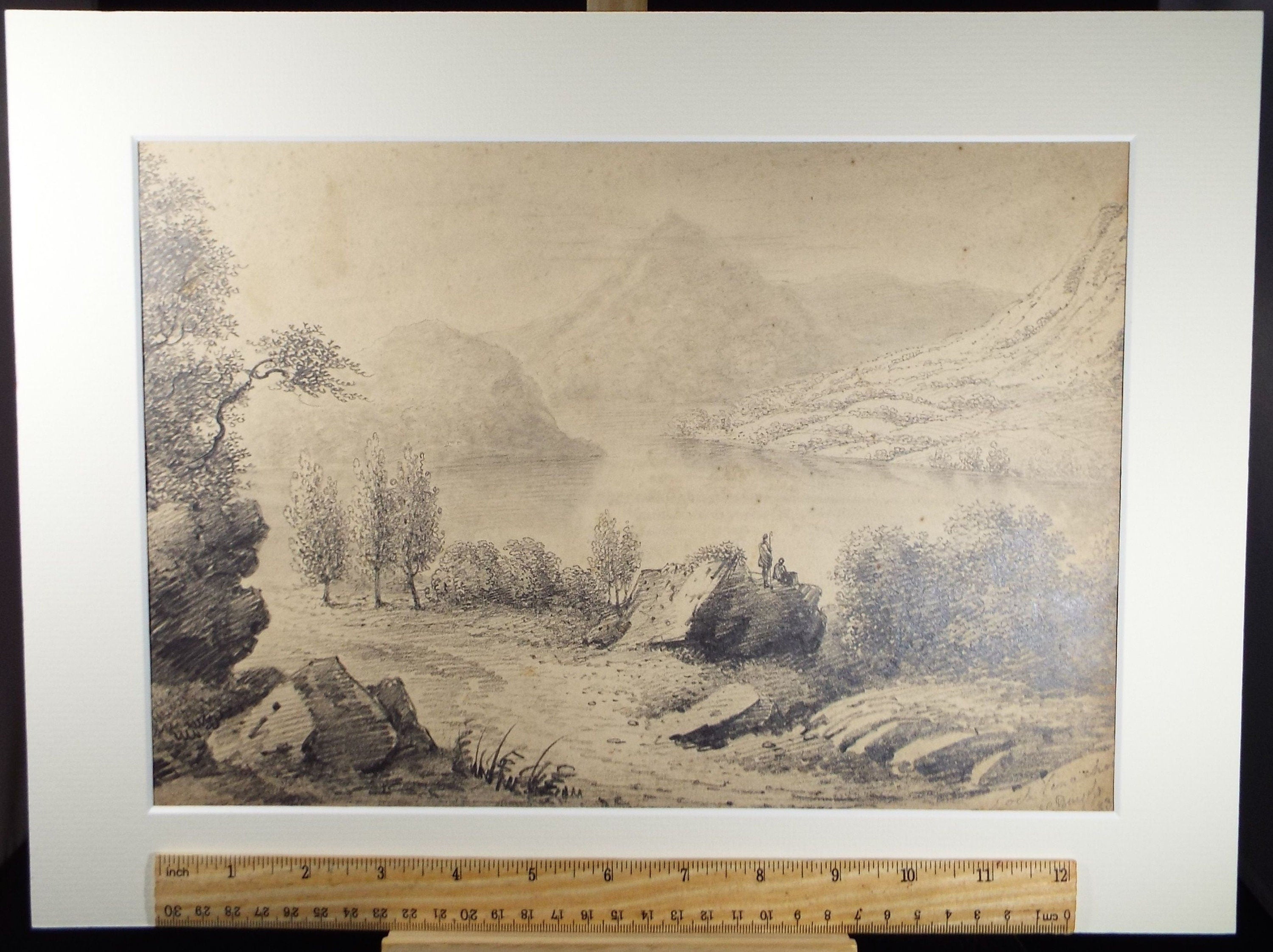 Original Pencil Drawing,'Scottish Loch with Figures', John Cart Burgess (1798-1863), Dated 1831