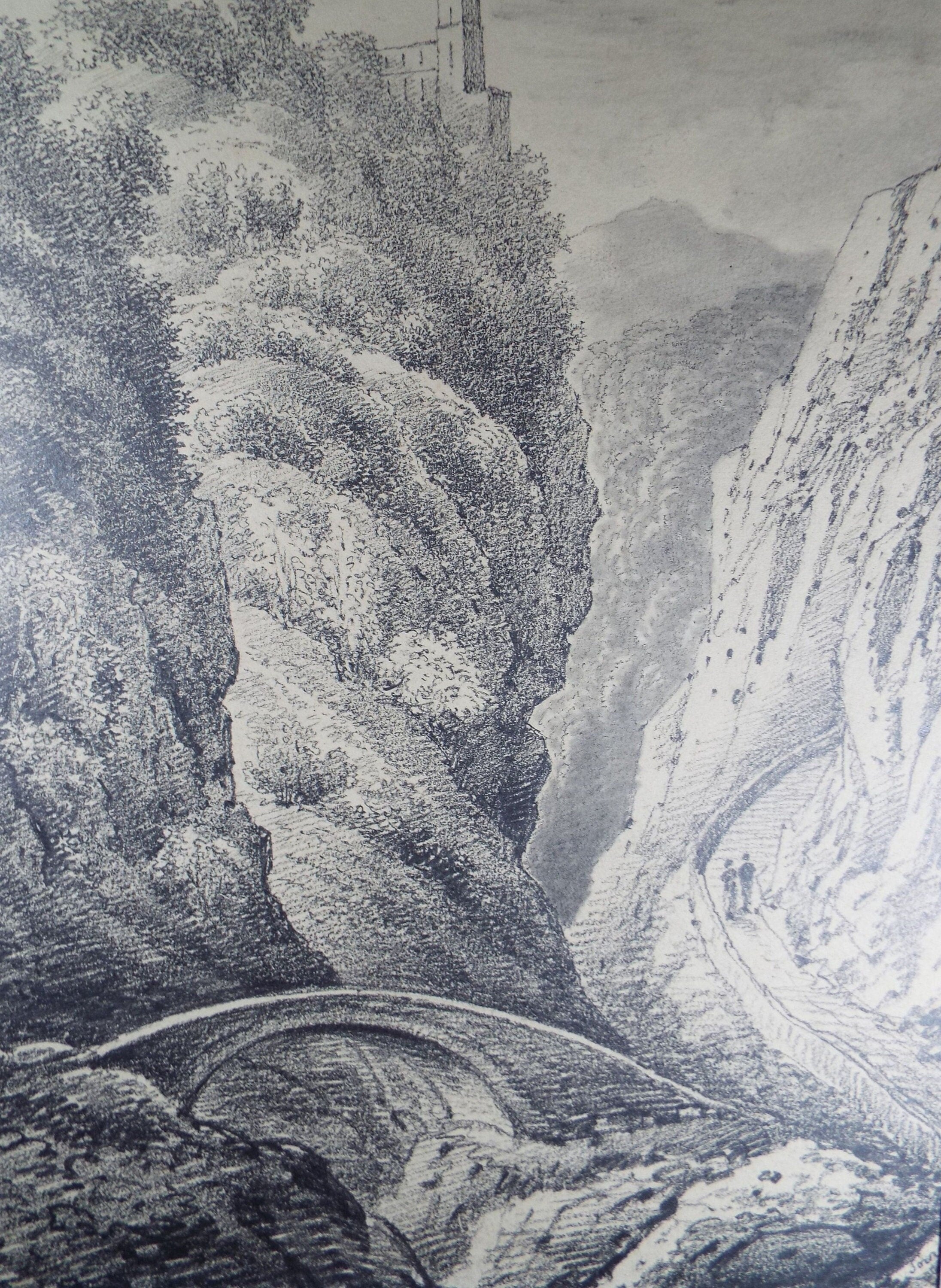 Original Pencil Drawing,'Mountain Pass with Figures', John Cart Burgess (1798-1863), Dated 1831