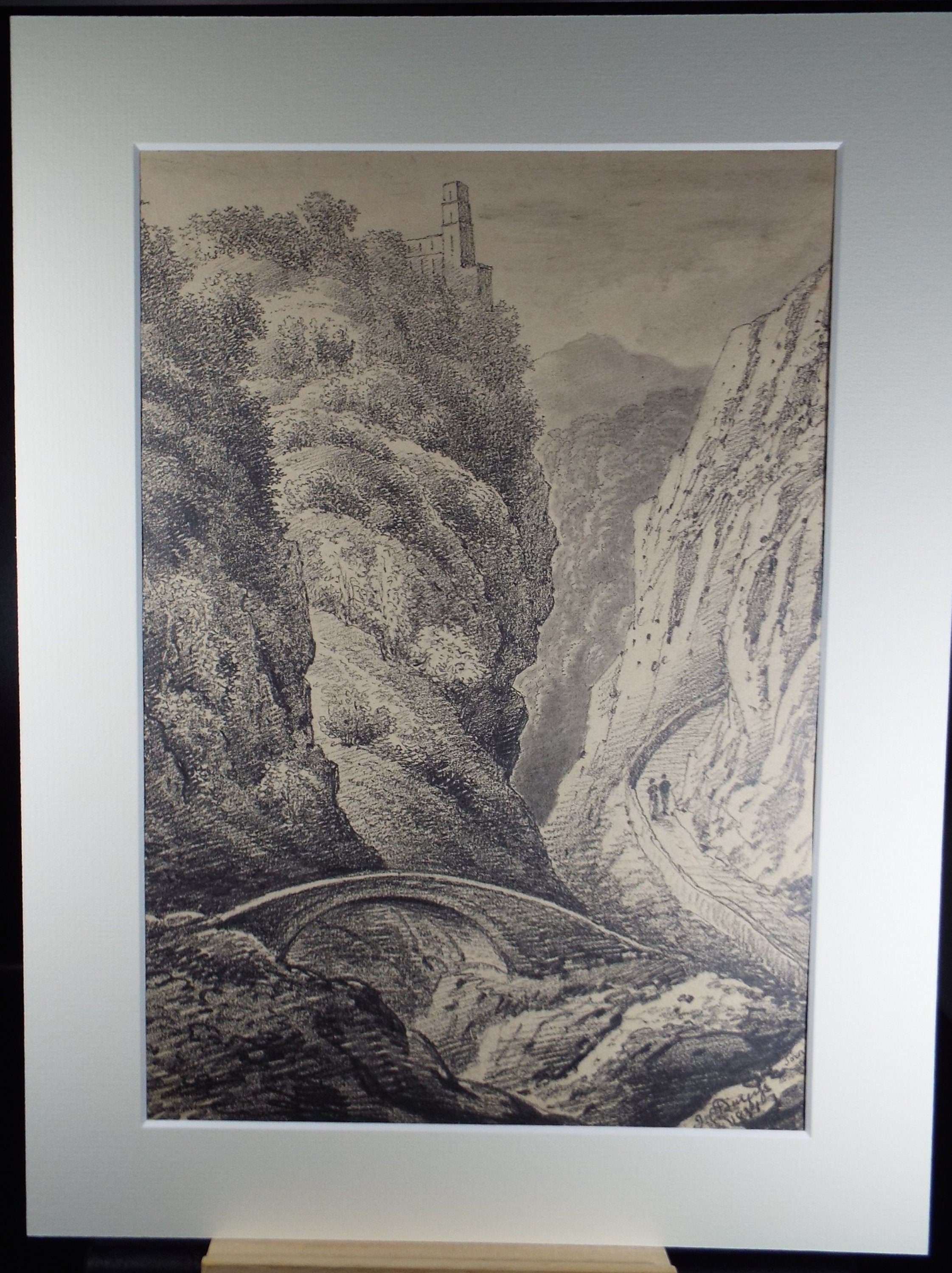 Original Pencil Drawing,'Mountain Pass with Figures', John Cart Burgess (1798-1863), Dated 1831