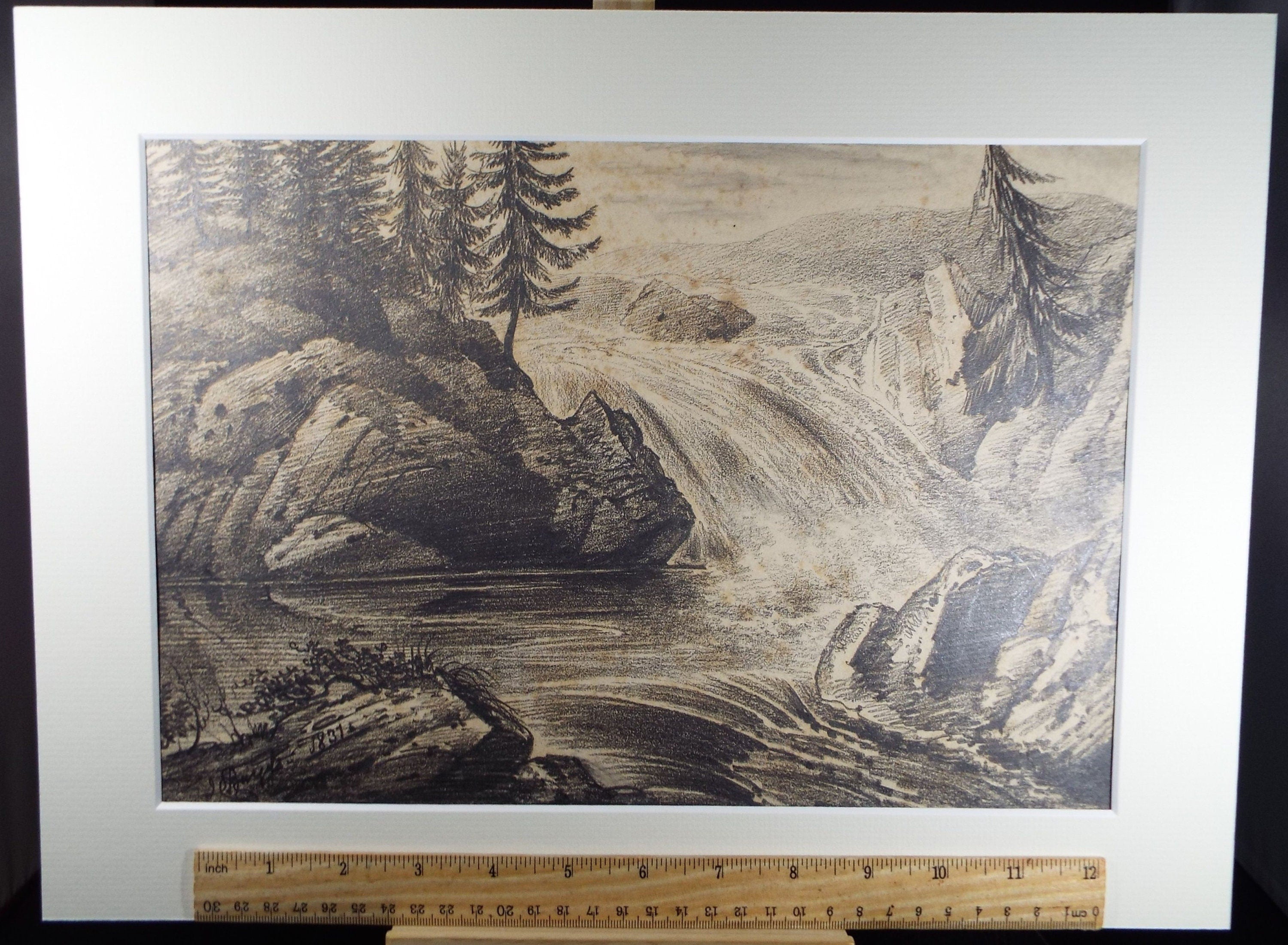 Original Pencil Drawing,'The Cascade', John Cart Burgess (1798-1863), dated 1831