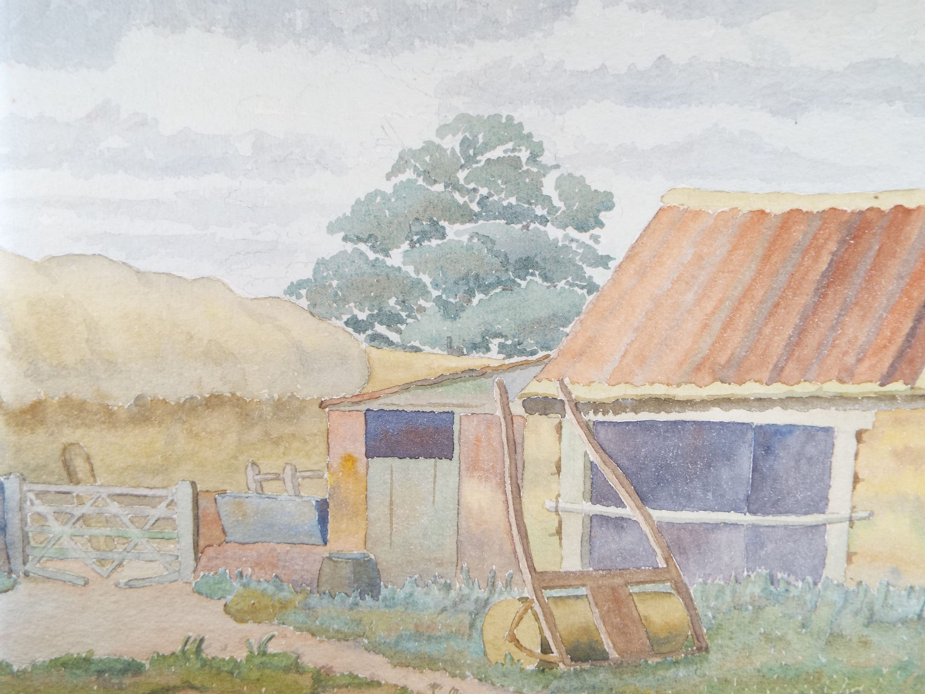 Original Watercolour, 'Farm Buildings', F Tinkler, circa 1940's