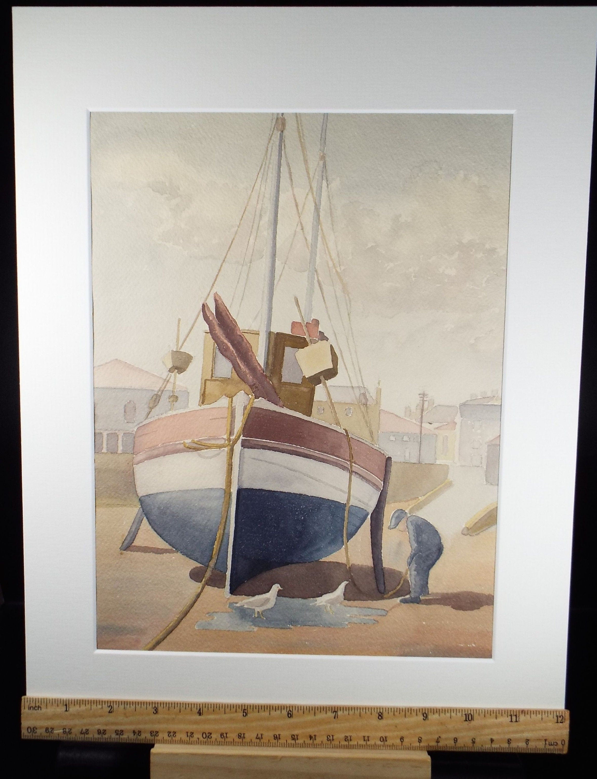 Original Watercolour, 'Fishingboat in the Harbour with figure', F Tinkler, circa 1940's