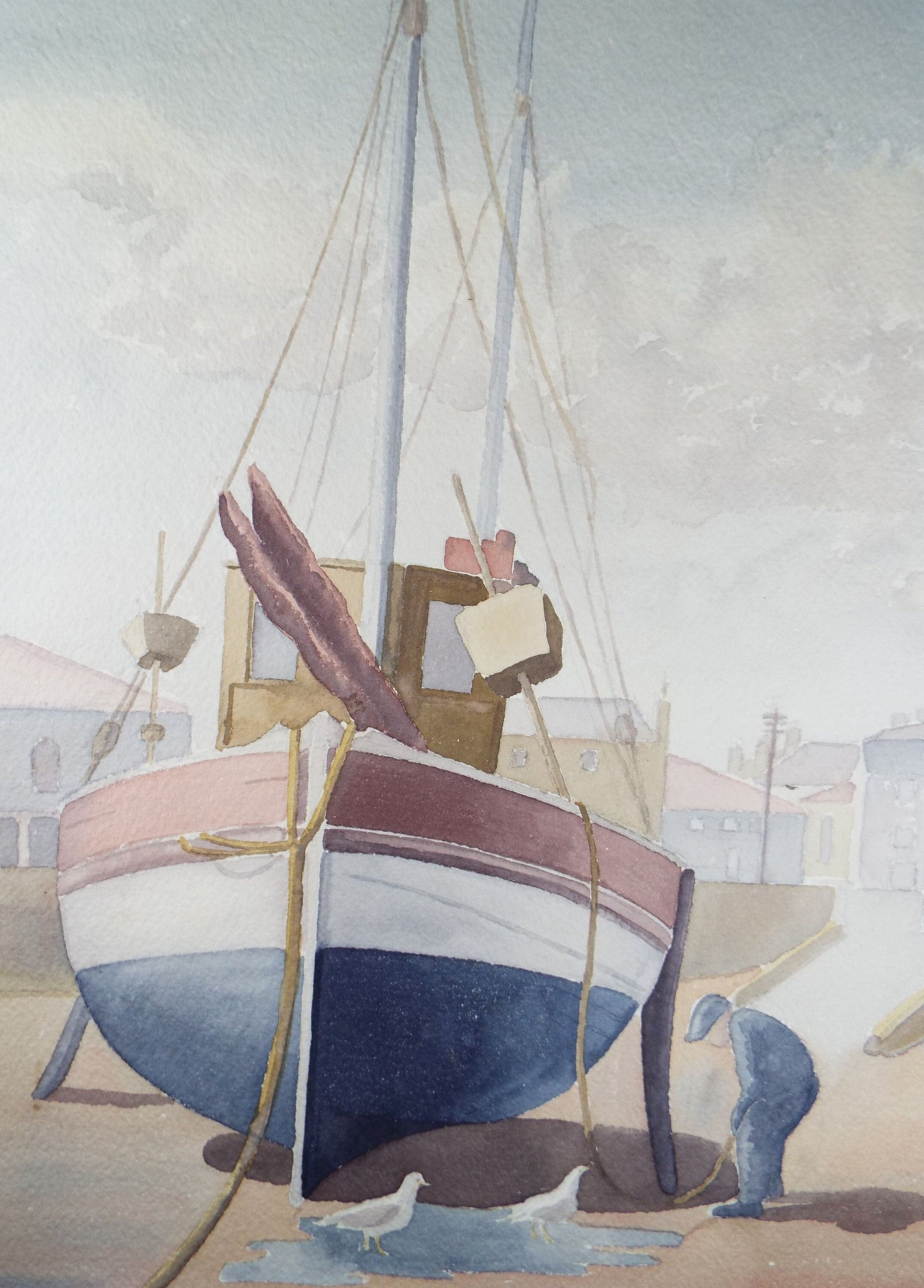 Original Watercolour, 'Fishingboat in the Harbour with figure', F Tinkler, circa 1940's