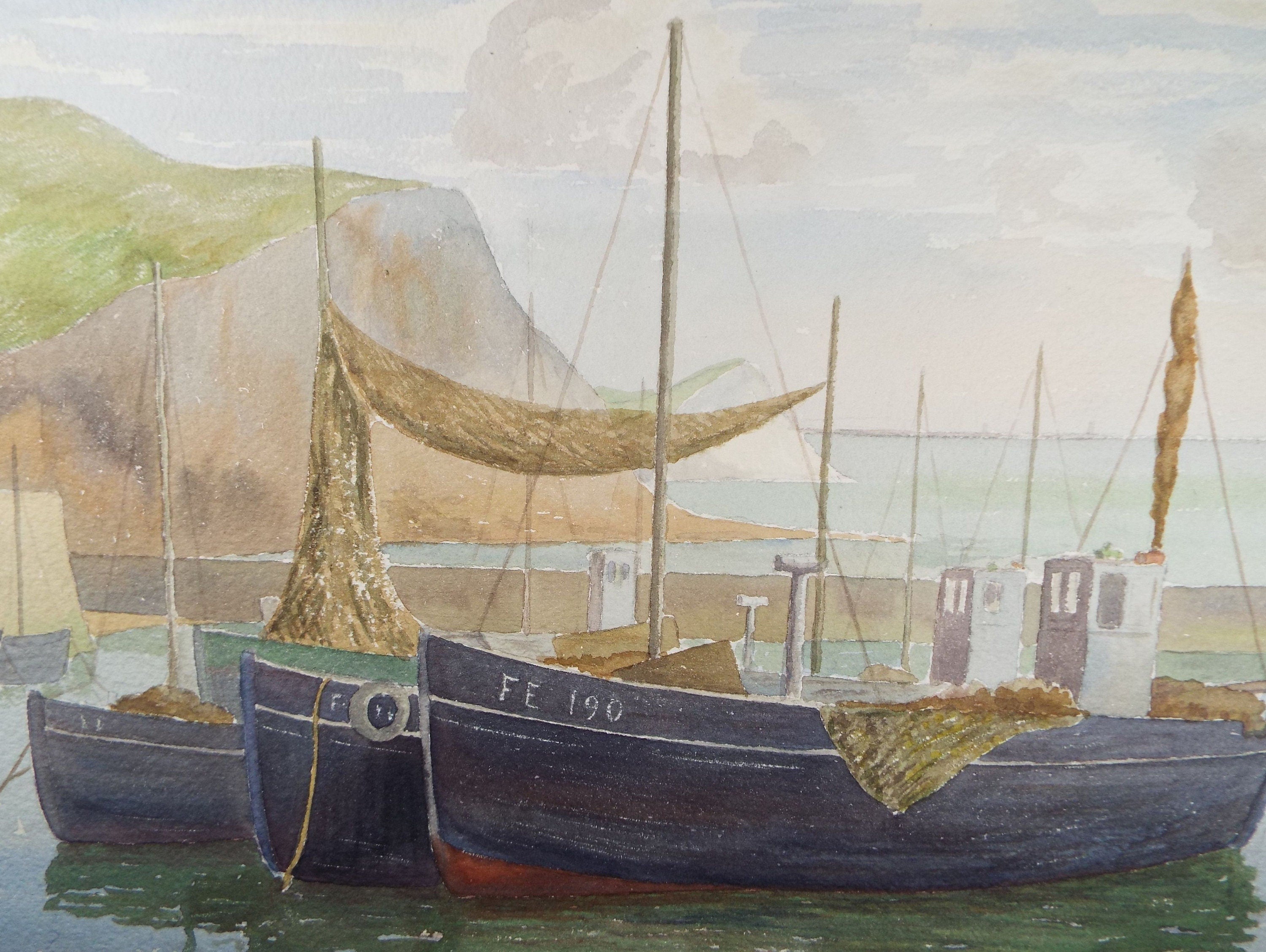 Original Watercolour, 'Fishingboats in the Harbour', F Tinkler, circa 1940's