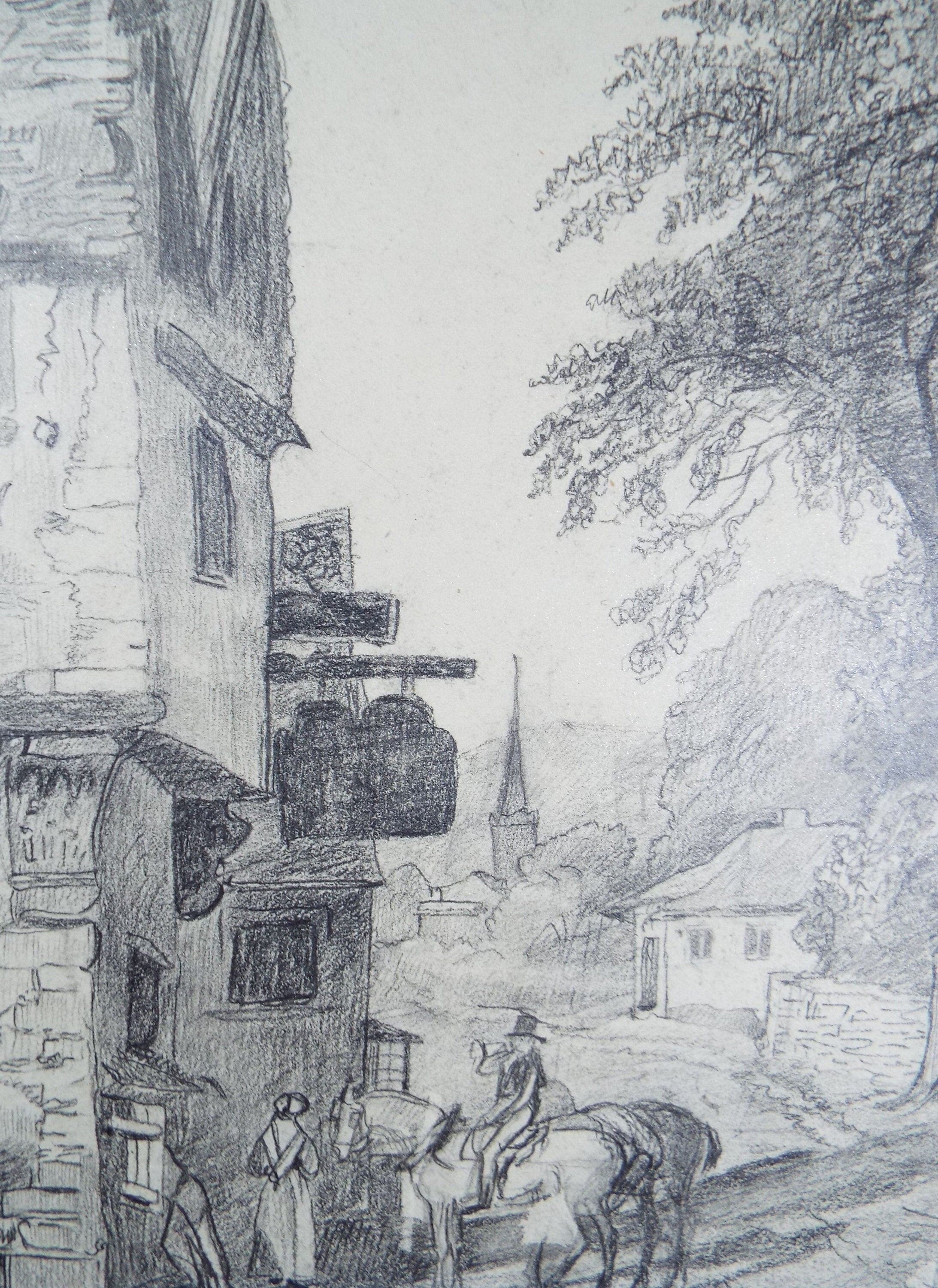 Original Pencil Drawing, 'Mounted Figures outside a Tavern', Late 19th Century, Artist Unknown