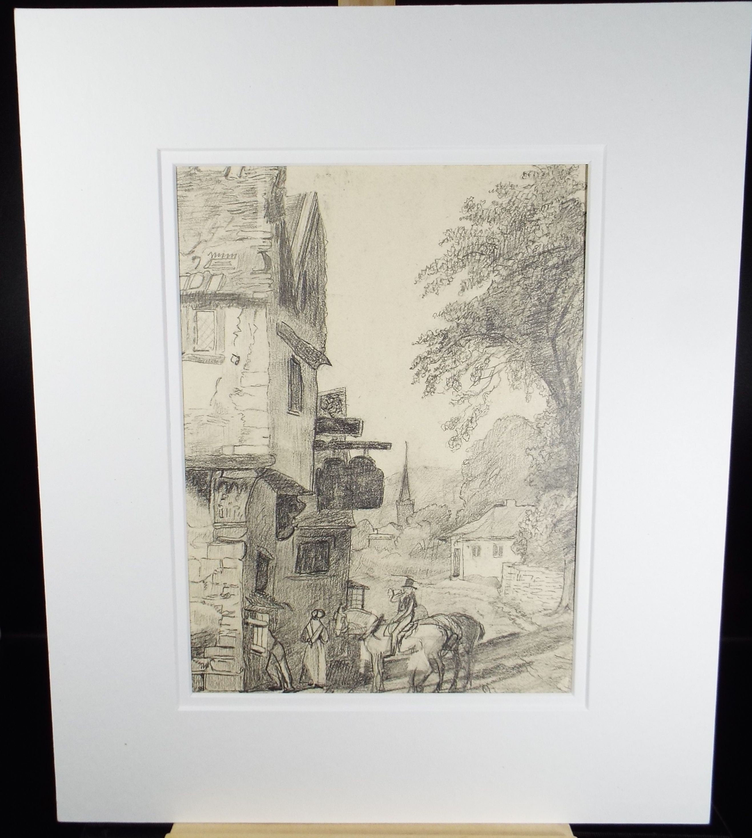 Original Pencil Drawing, 'Mounted Figures outside a Tavern', Late 19th Century, Artist Unknown