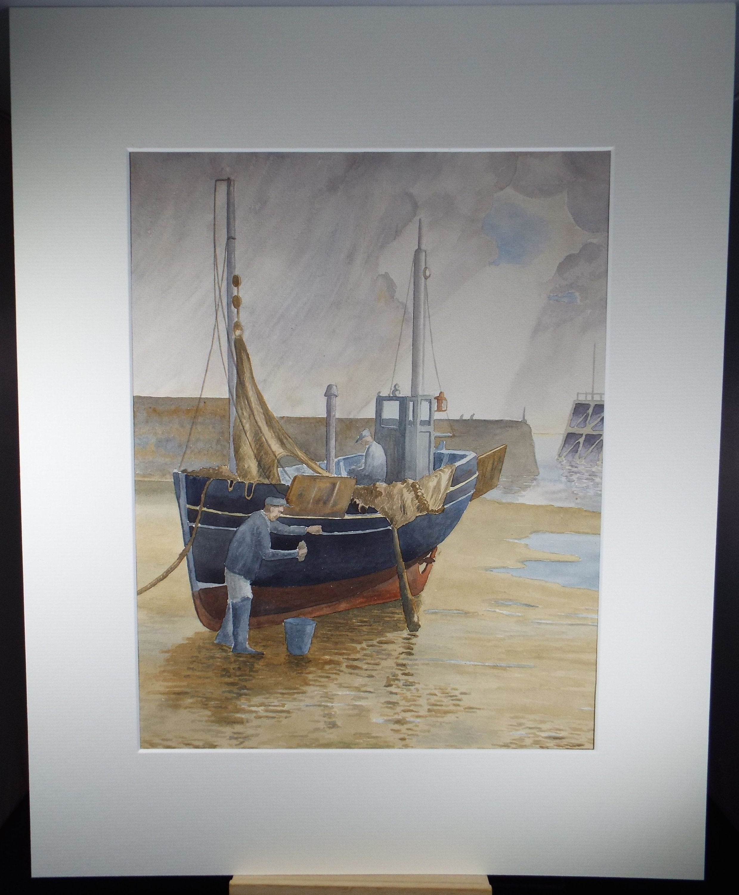 Original Watercolour, 'Fishingboat in the Harbour', F Tinkler, circa 1940's