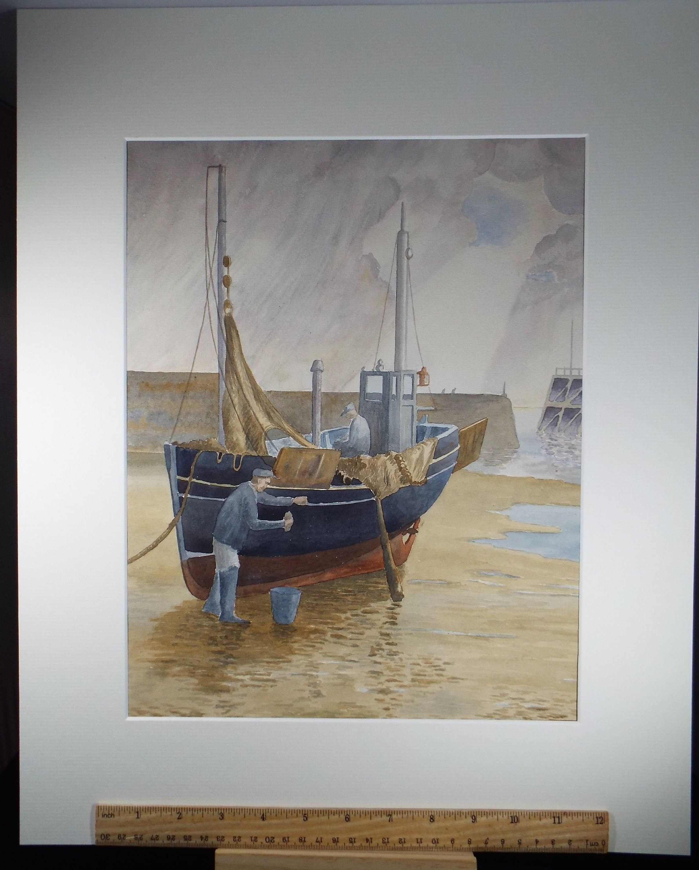 Original Watercolour, 'Fishingboat in the Harbour', F Tinkler, circa 1940's