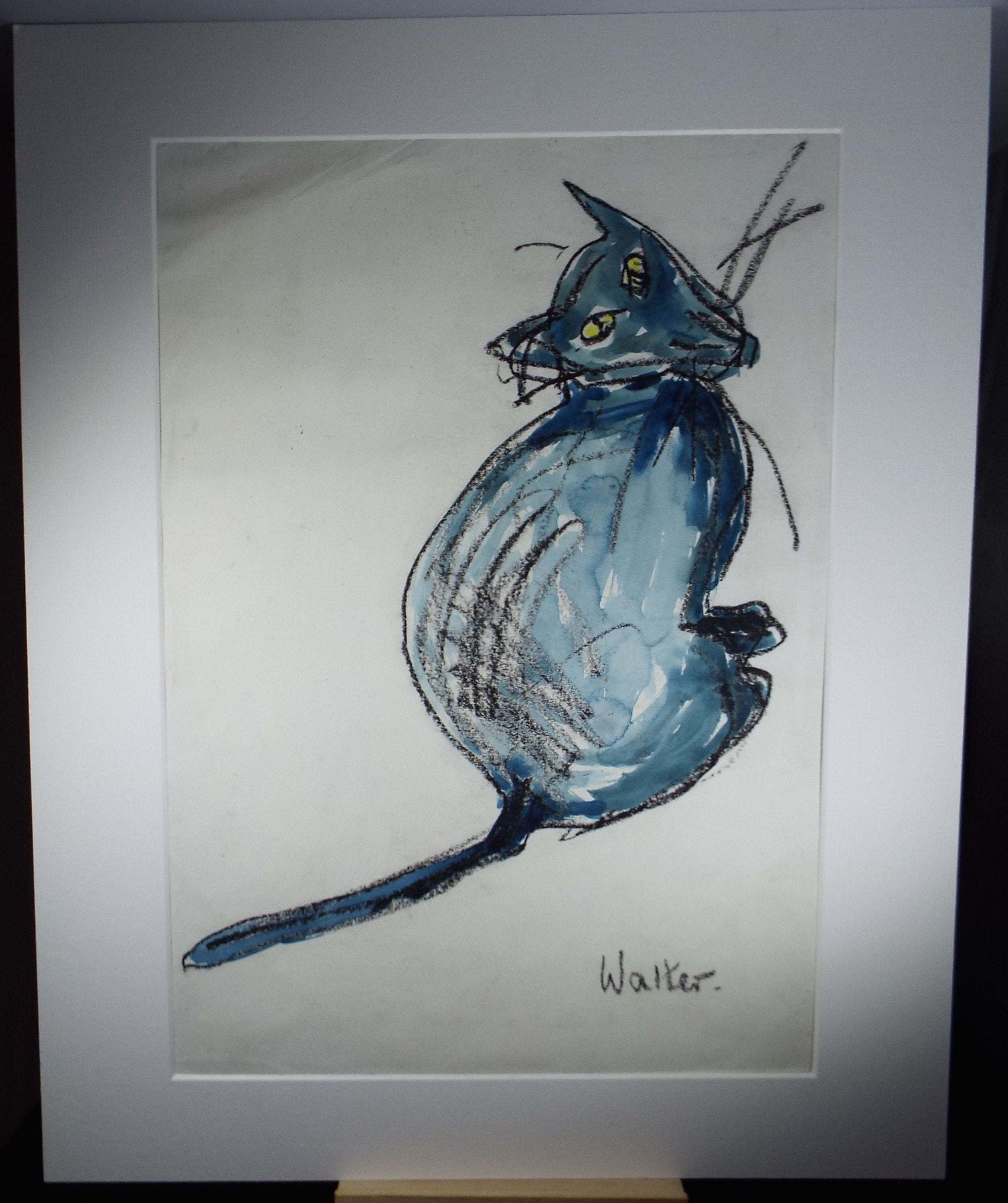 Barbara Karn (b1949) Original Charcoal & Watercolour Drawing ,'Walter - Portrait of a Cat', Circa 2000