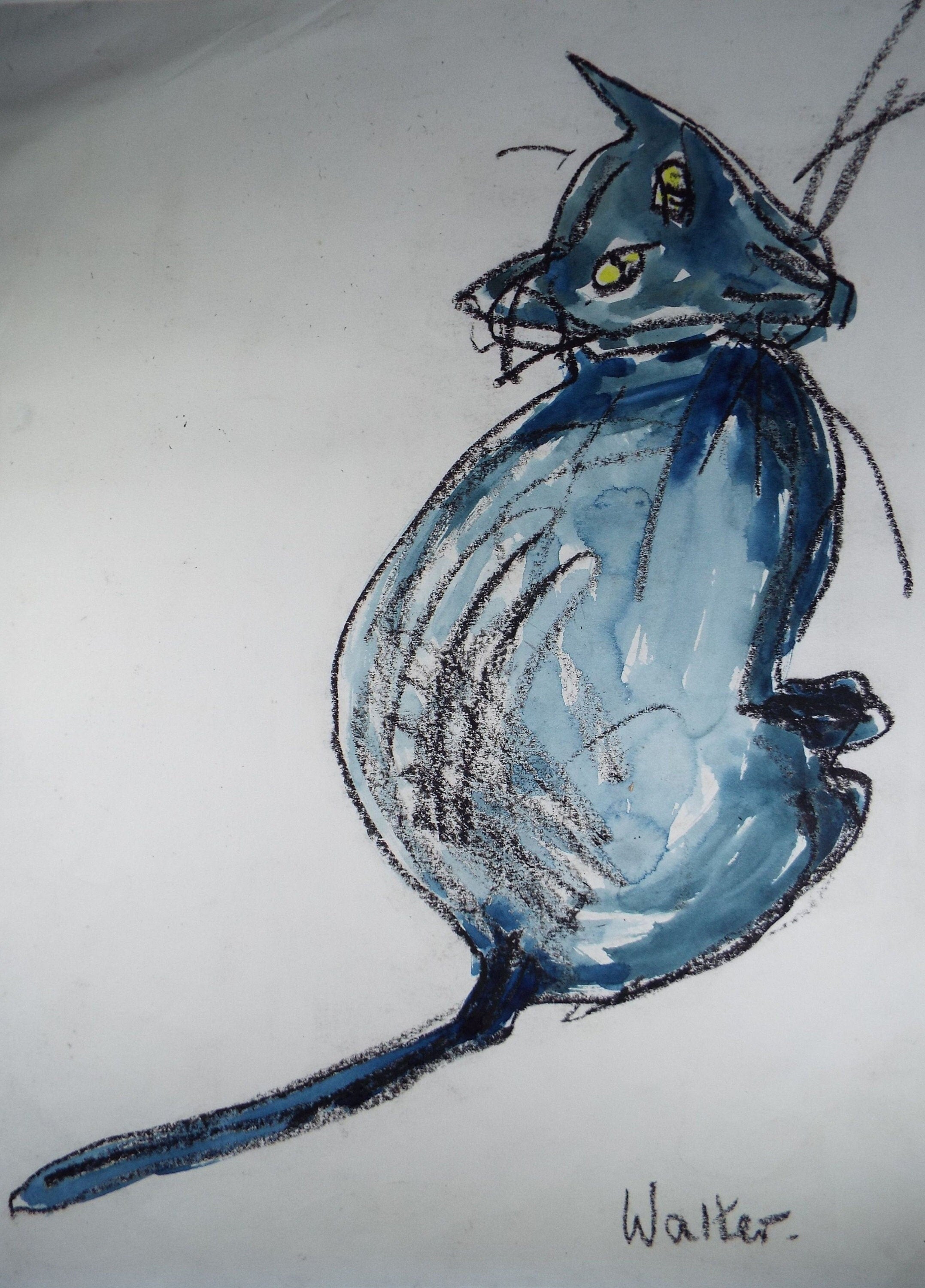 Barbara Karn (b1949) Original Charcoal & Watercolour Drawing ,'Walter - Portrait of a Cat', Circa 2000