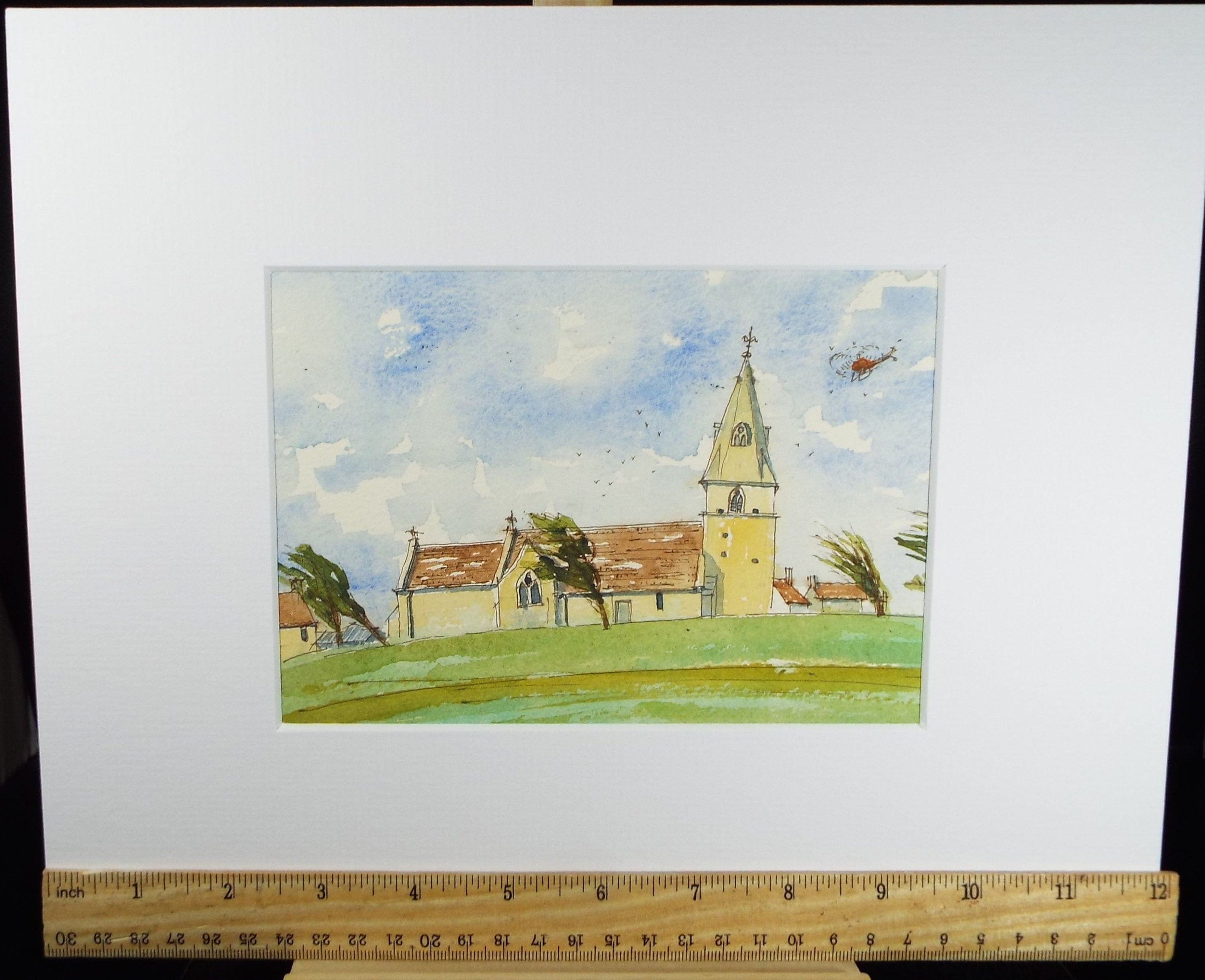 Original Watercolour, 'Church on a Windy day', Circa 1990's, Artist Unknown