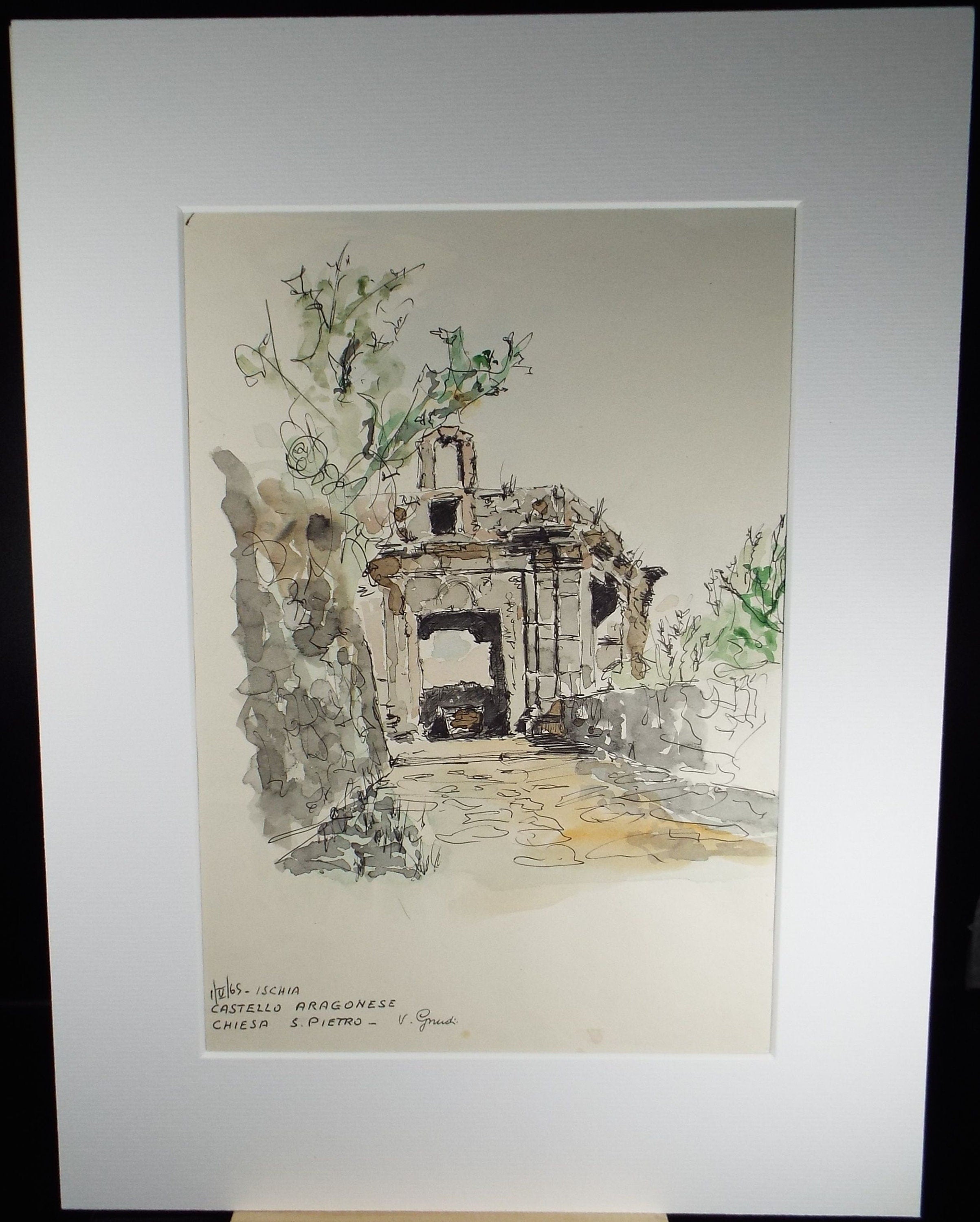 Original Watercolour & India Ink , 'Castelloe Aragonese', Dated 1965, Indistinctly Signed