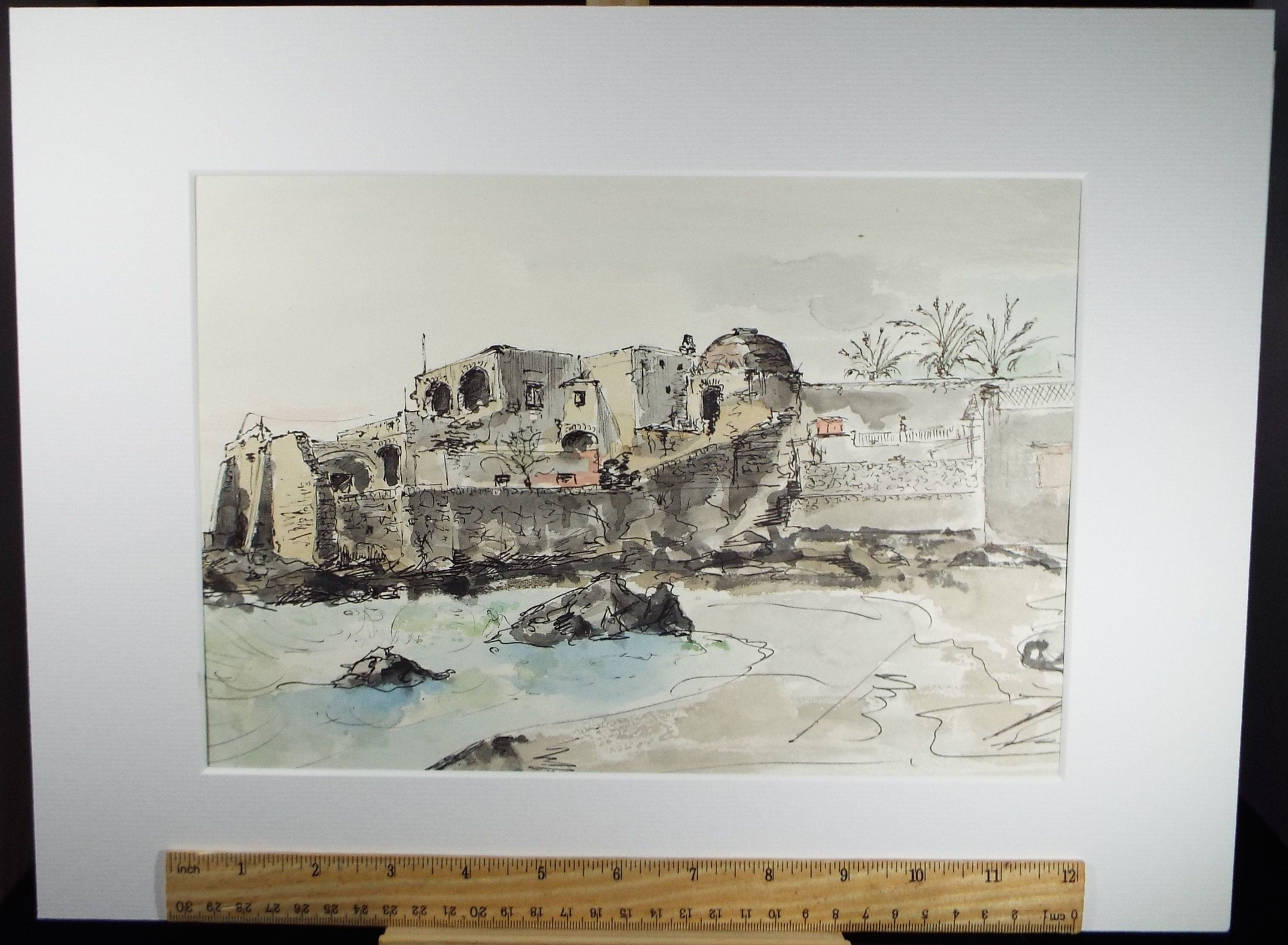 Original Watercolour & India Ink , 'Ischia, Capo Molino'.  Dated 1965, Indistinctly Signed