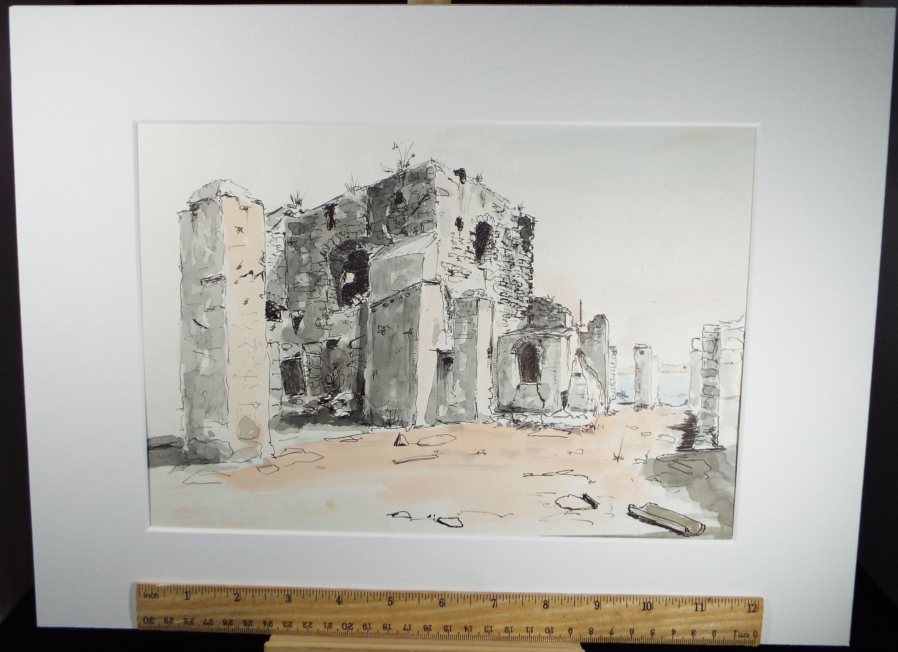 Original Watercolour & India Ink , 'Ischia - Fabbrica della Calce', Dated 1965, Indistinctly Signed