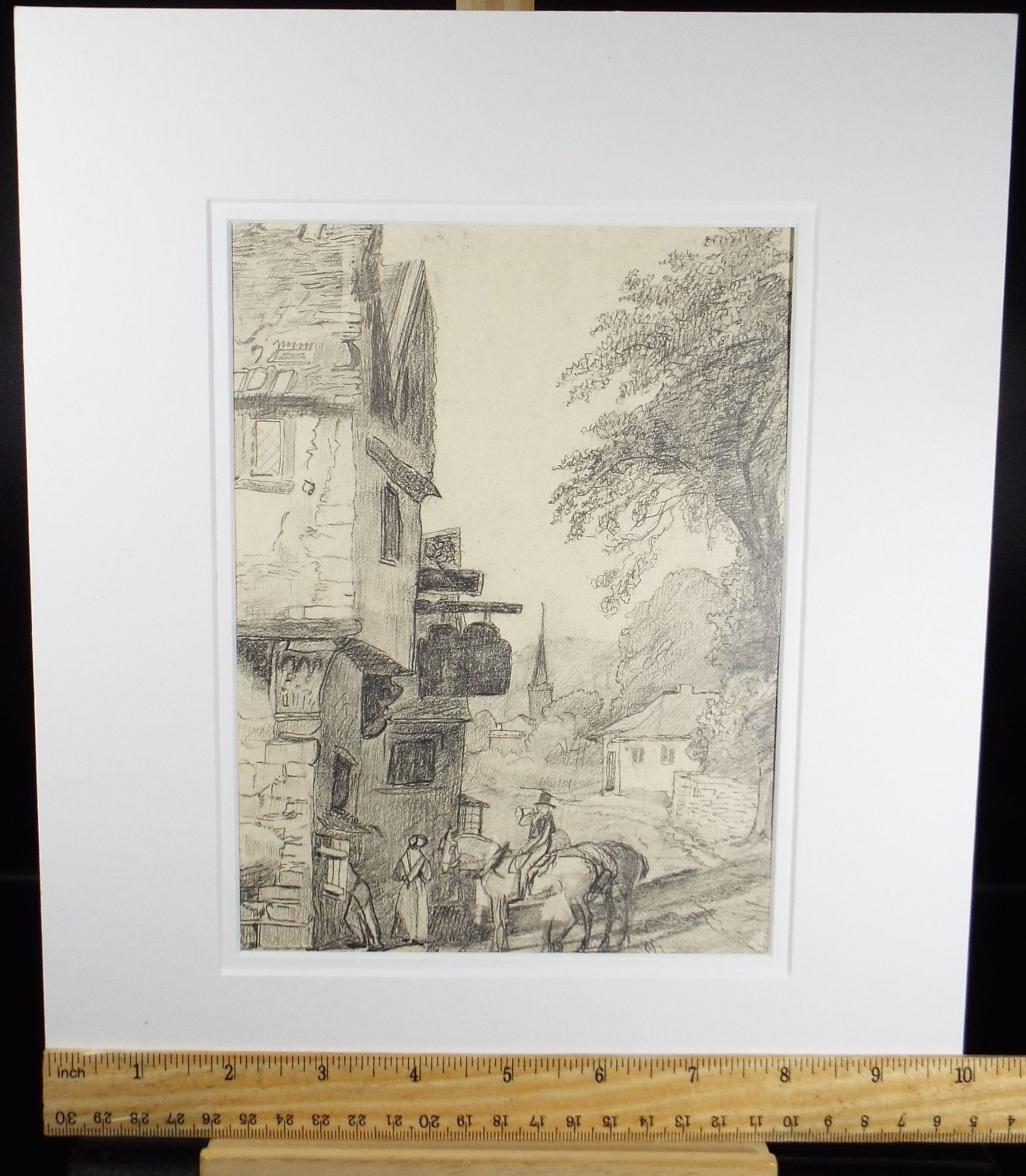 Original Pencil Drawing, 'Mounted Figures outside a Tavern', Late 19th Century, Artist Unknown