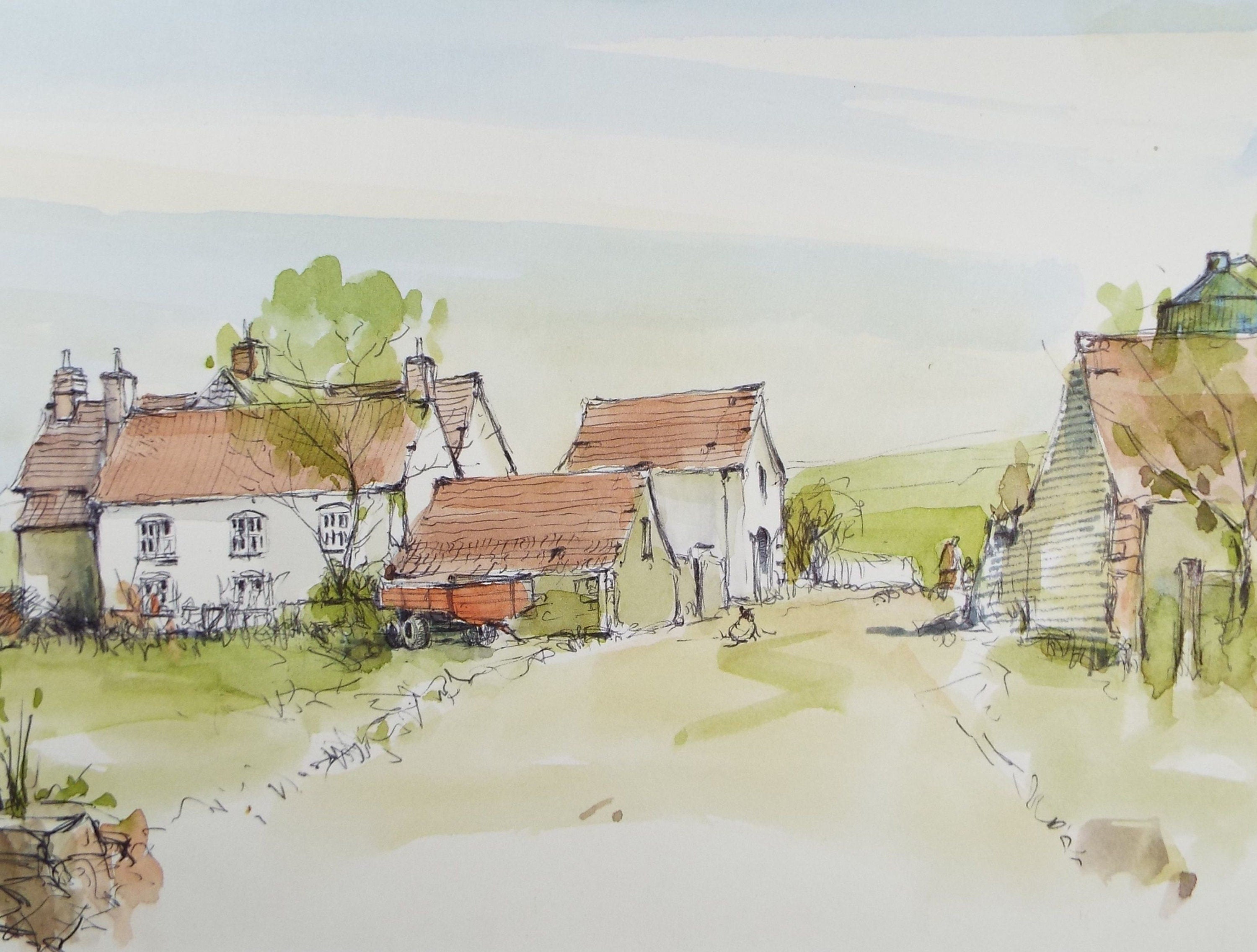 Original Watercolour & Ink, 'Farm Buildings', c1990's, Artist Unknown