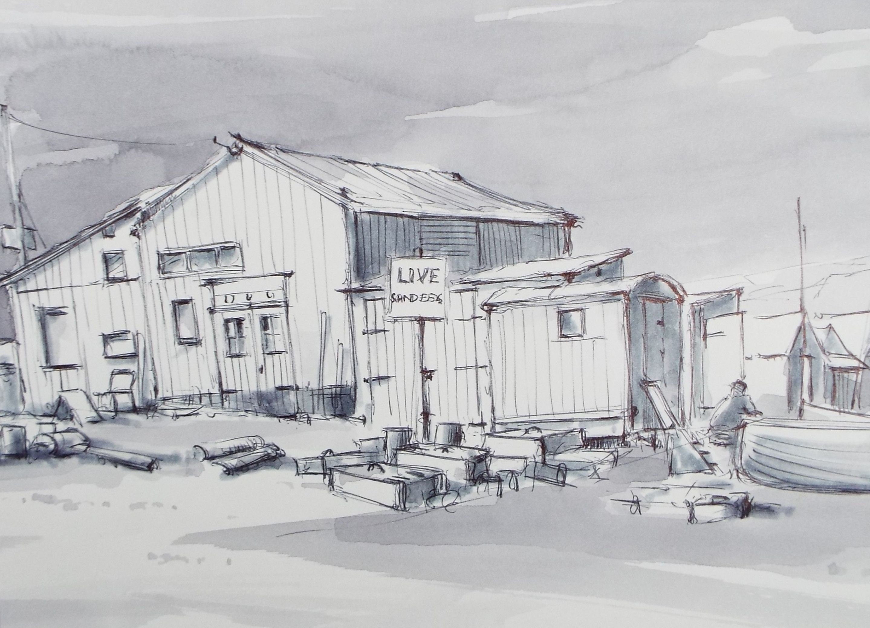 Original Watercolour & Ink, 'Bait Shop', c1990's, Artist Unknown