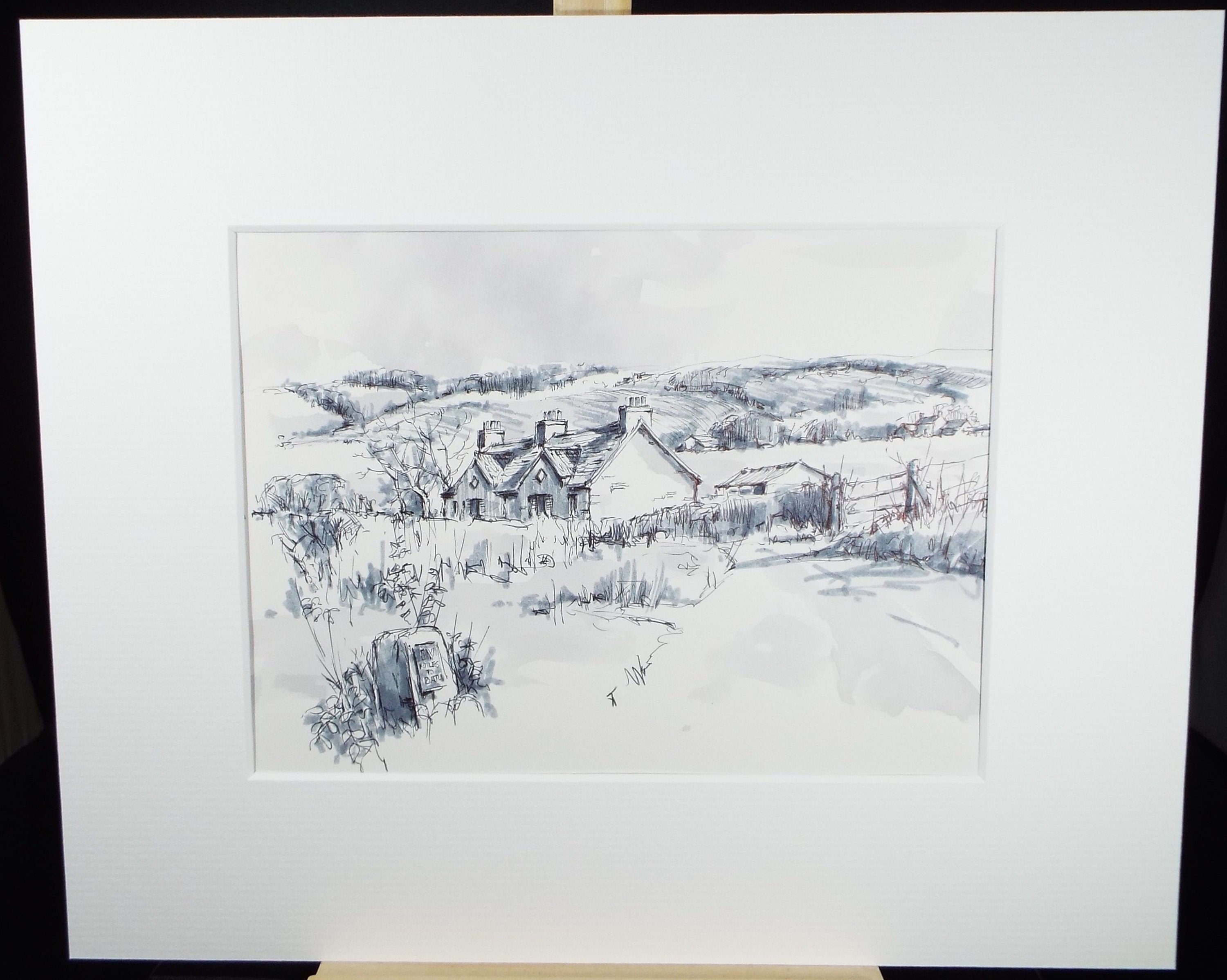 Original Watercolour & Ink, 'Cottage in the Hills', Circa 1990's, Artist Unknown