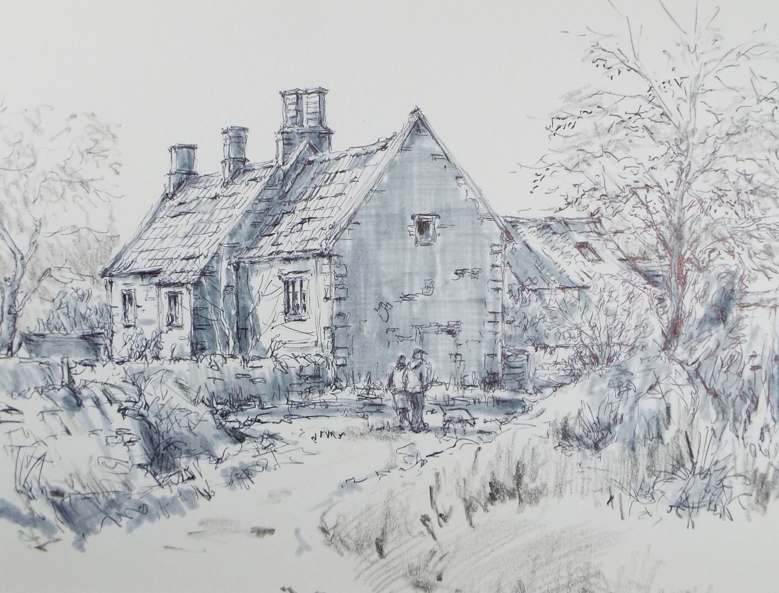 Original Watercolour & Ink, 'Farm Cottage with Figures',Circa 1990's  Artist Unknown