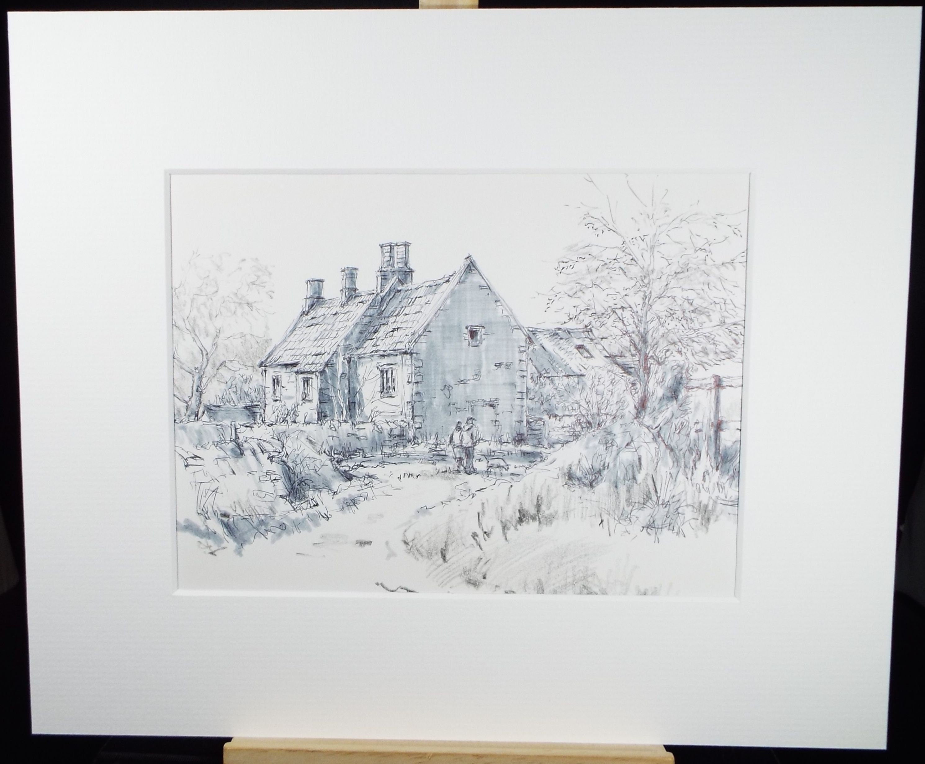 Original Watercolour & Ink, 'Farm Cottage with Figures',Circa 1990's  Artist Unknown