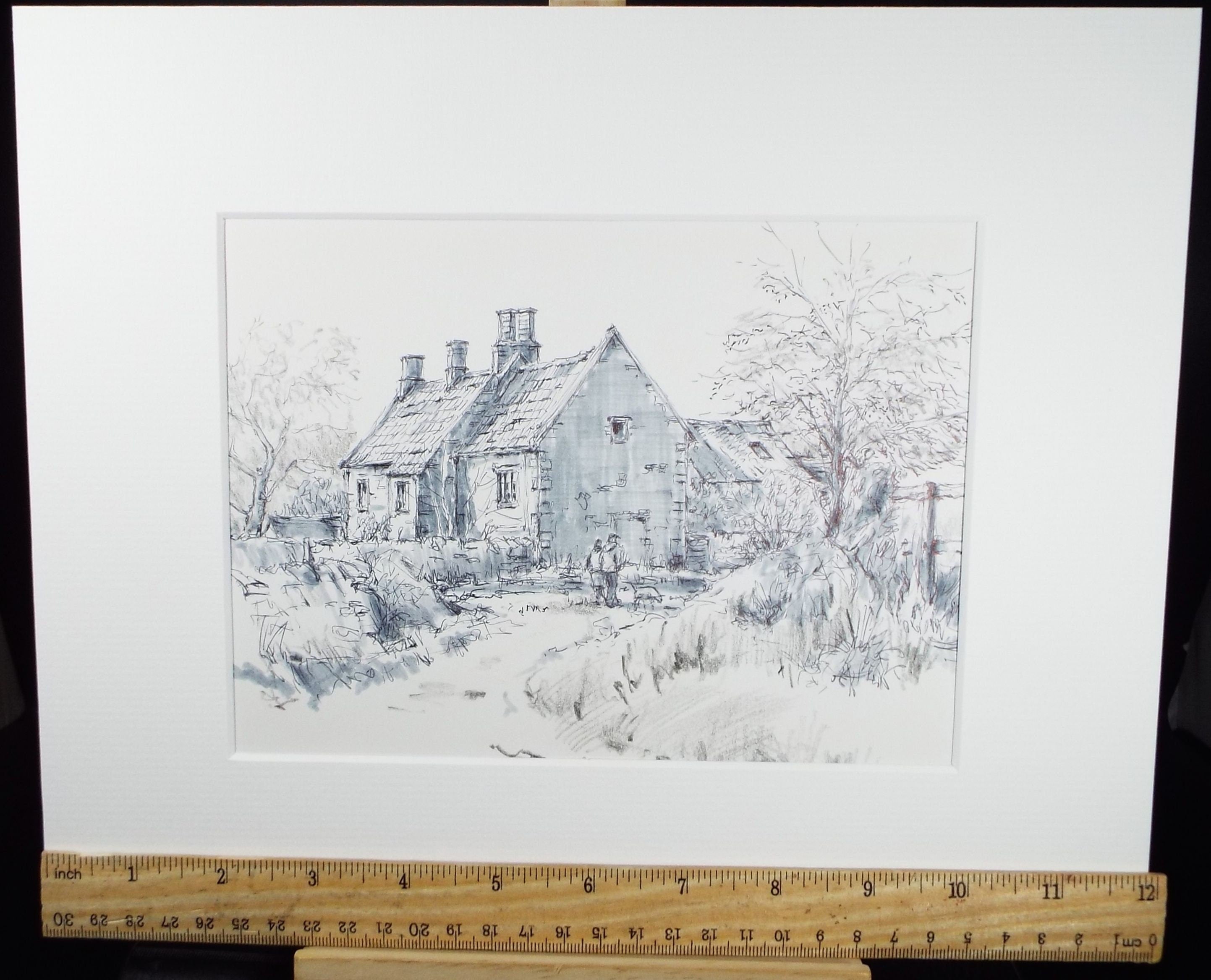 Original Watercolour & Ink, 'Farm Cottage with Figures',Circa 1990's  Artist Unknown