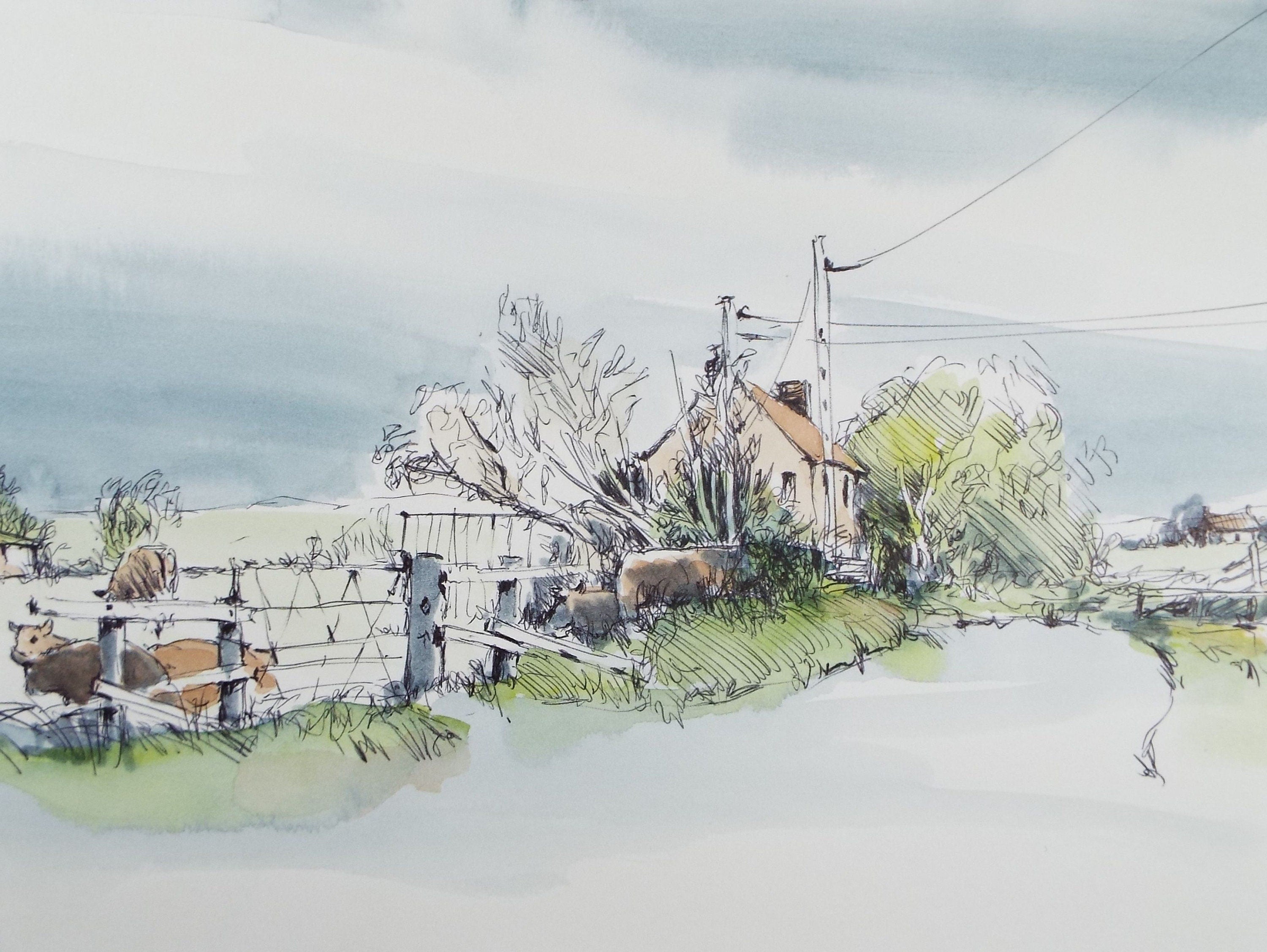 Original Watercolour & Ink,  'Country Lane', Dated 1994, Artist Unknown