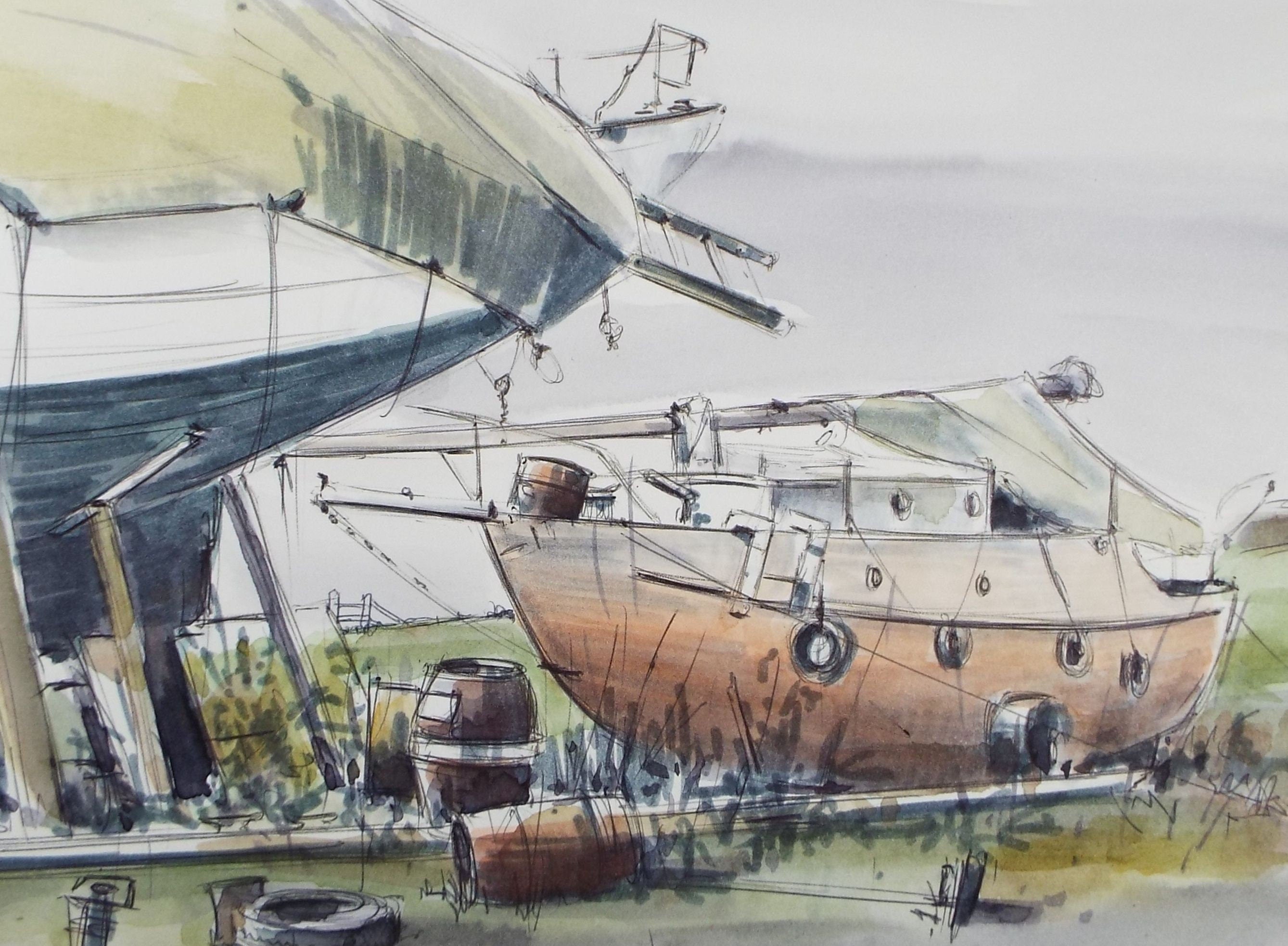 Original Watercolour & Ink, 'Sailing Boats on the Hard', Circa 1990's, Artist Unknown