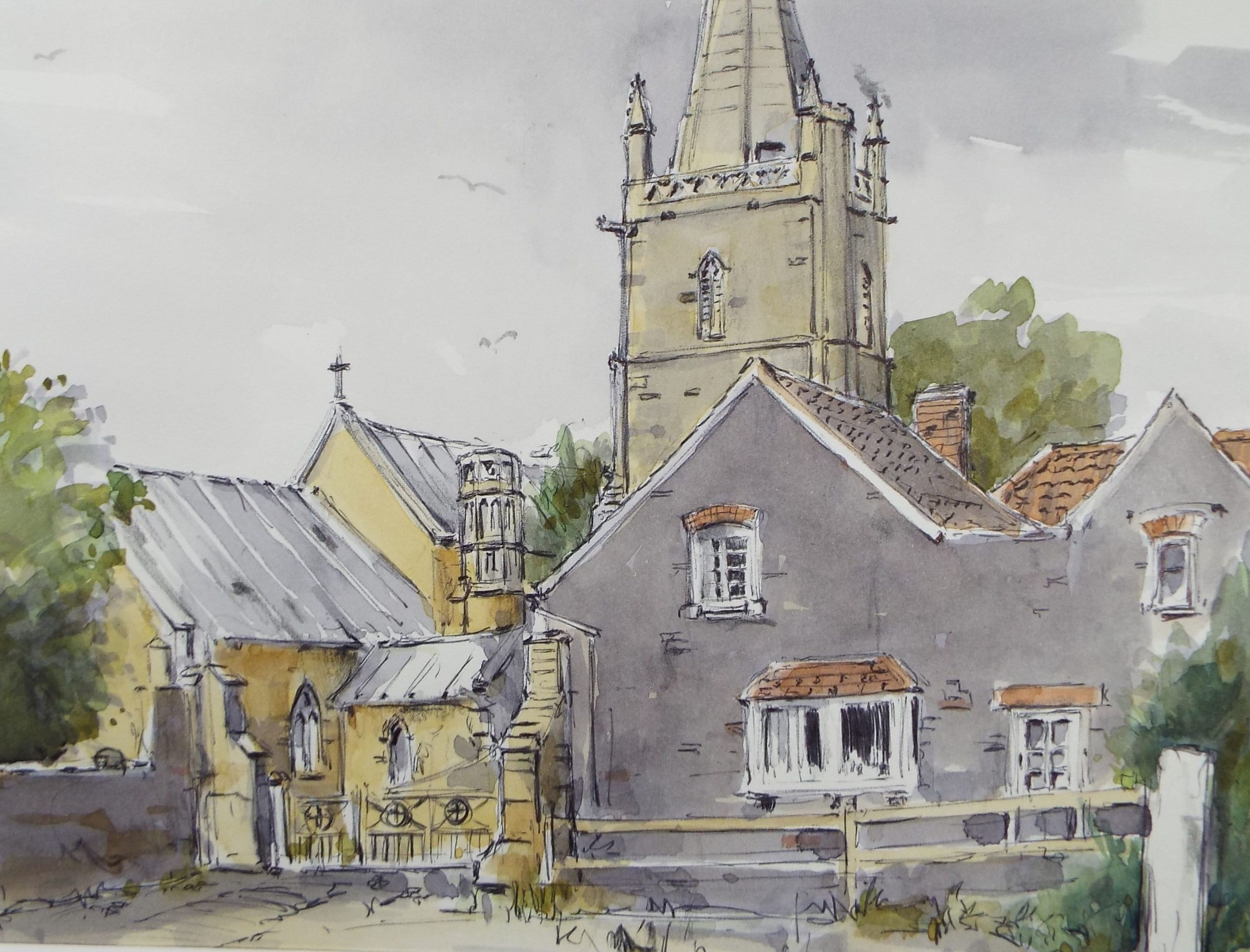 Original Watercolour & Ink, St Mary's, East Brent', Circa 1990's, Artist Unknown