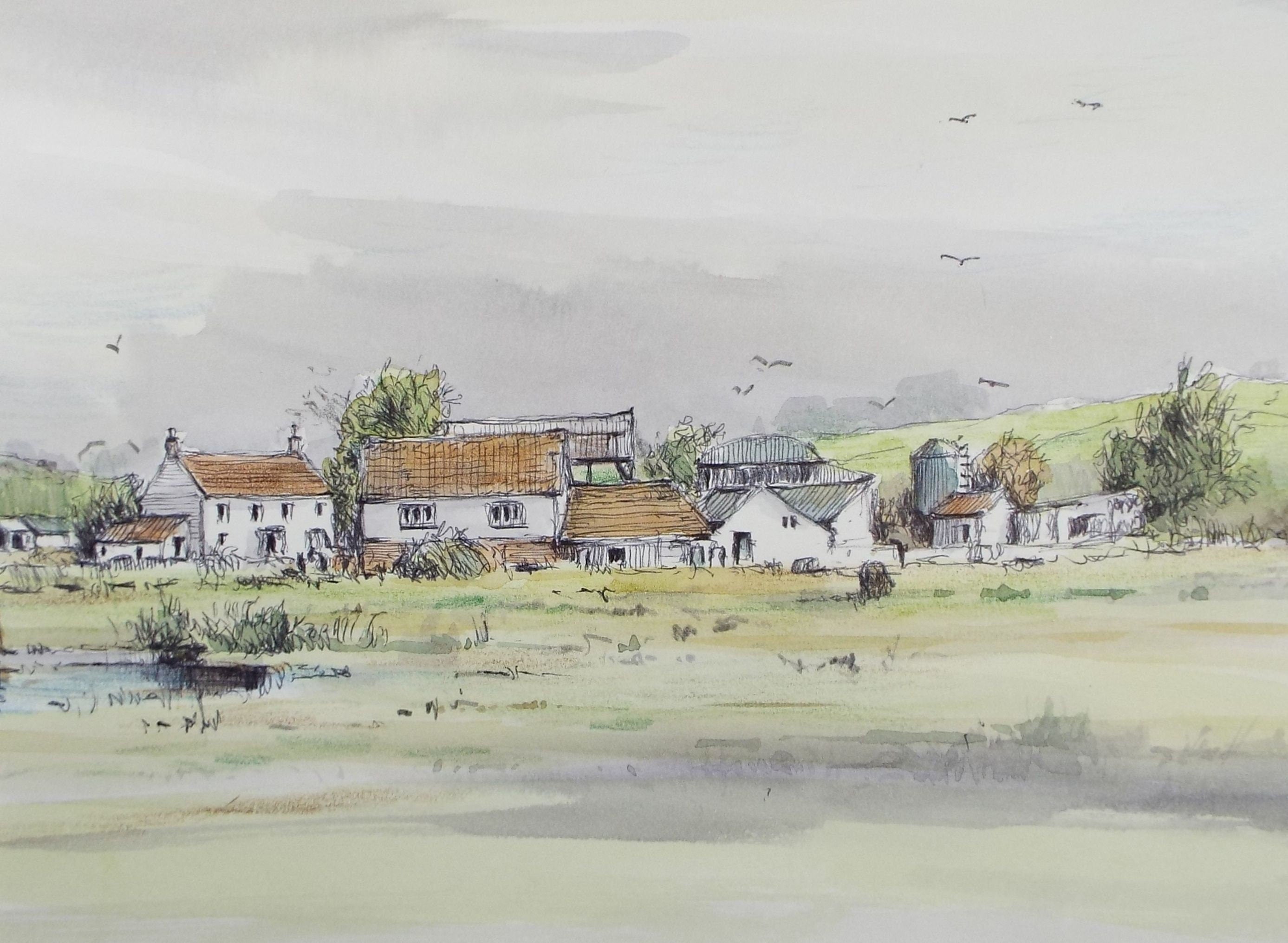 Original Watercolour & Ink, 'Nr. Winsford, Somerset?', Dated 1993, Artist Unknown