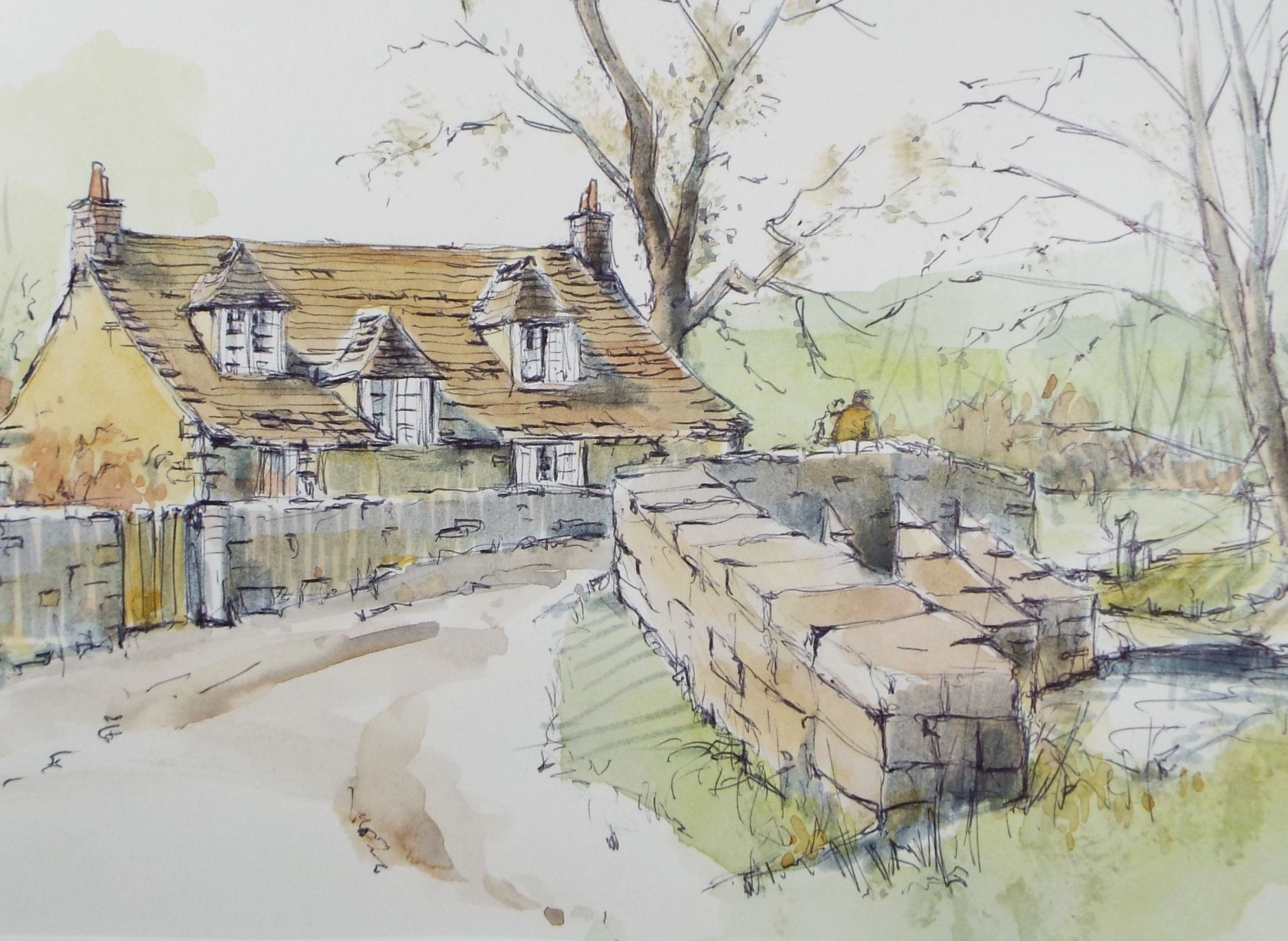 Original Watercolour & Ink, 'Cottage Next to the Bridge', Circa 1990's , Artist Unknown