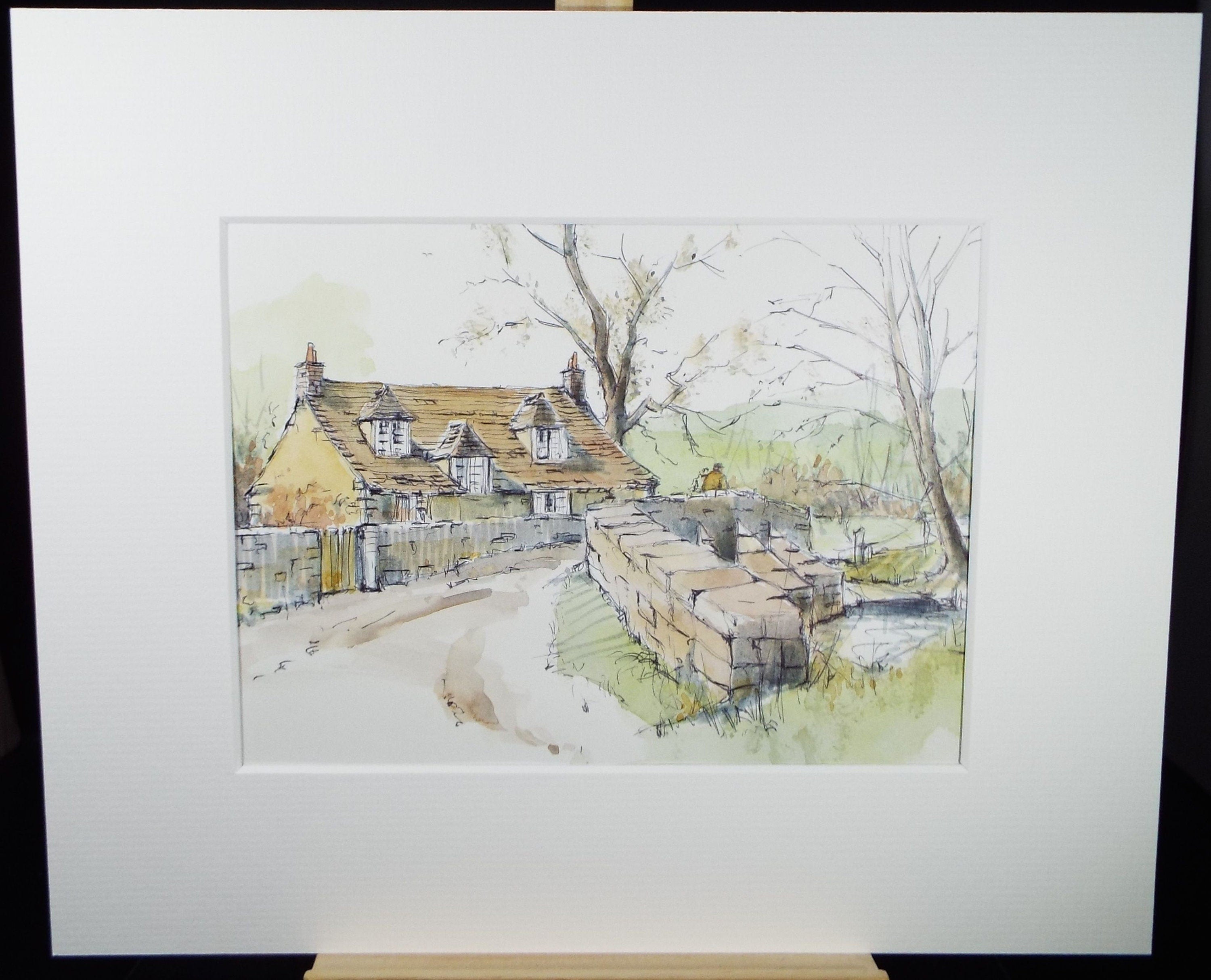 Original Watercolour & Ink, 'Cottage Next to the Bridge', Circa 1990's , Artist Unknown