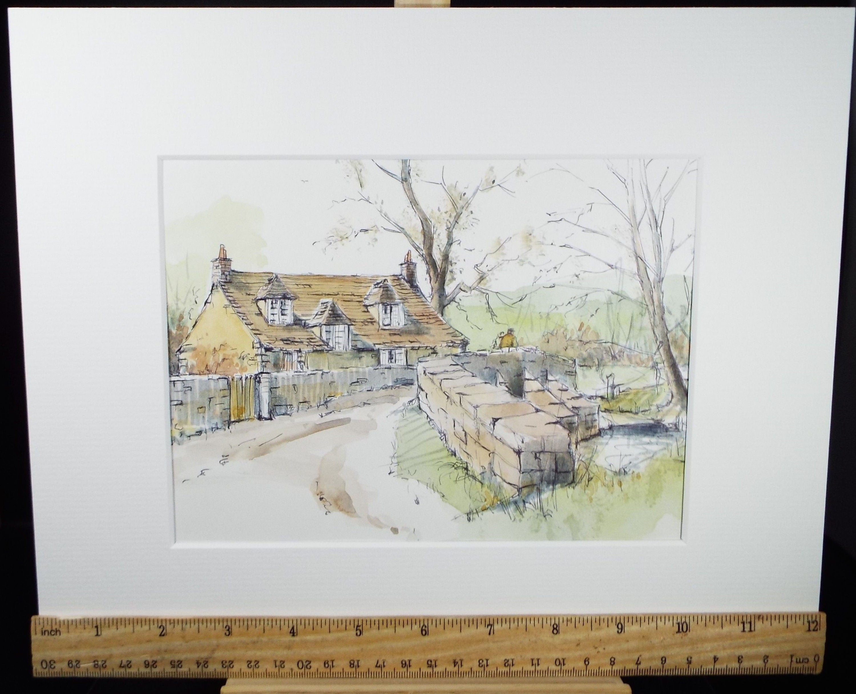 Original Watercolour & Ink, 'Cottage Next to the Bridge', Circa 1990's , Artist Unknown