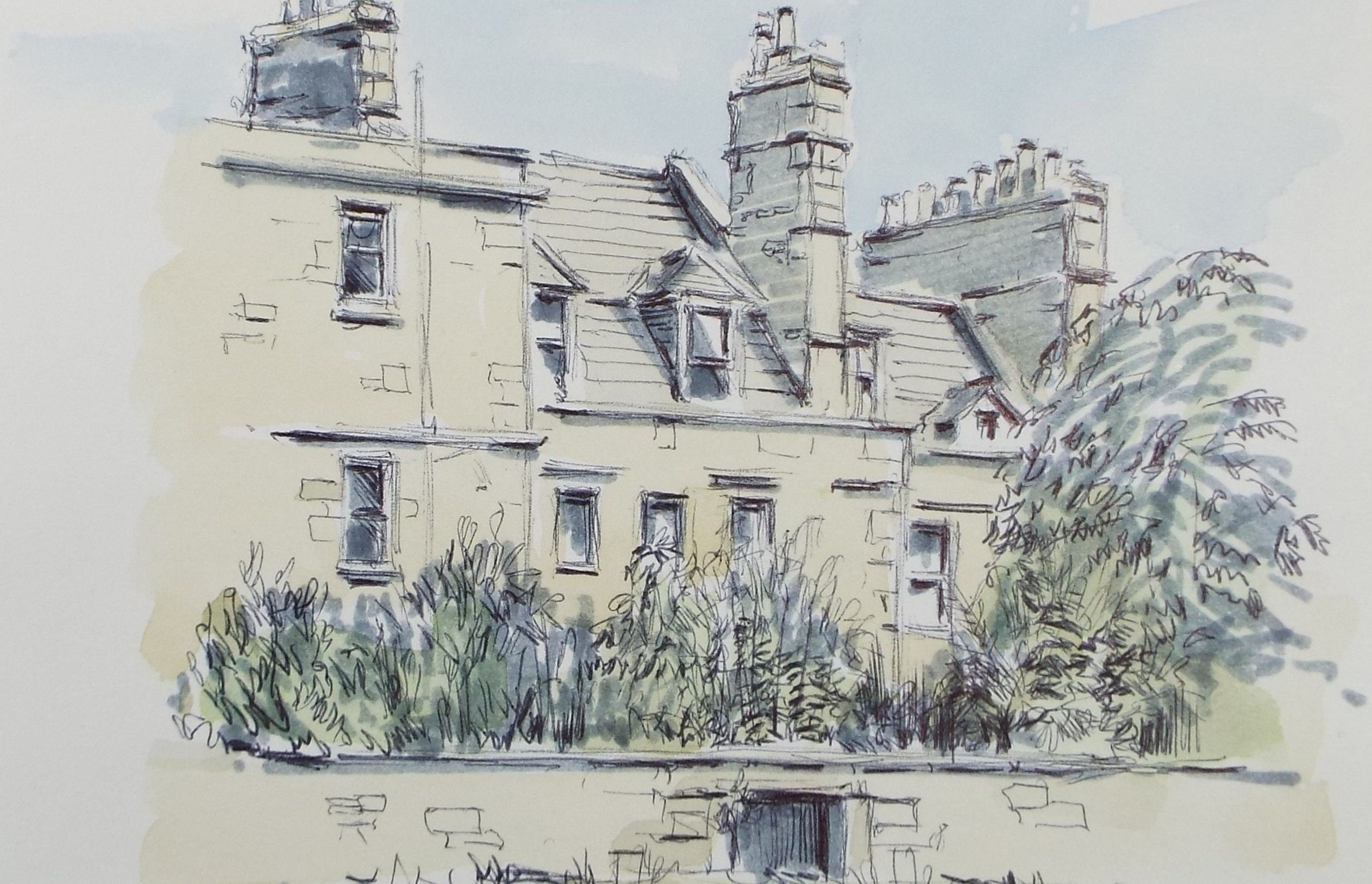 Original Watercolour & Ink, 'Stone Townhouse', Circa 1990's, Artist Unknown