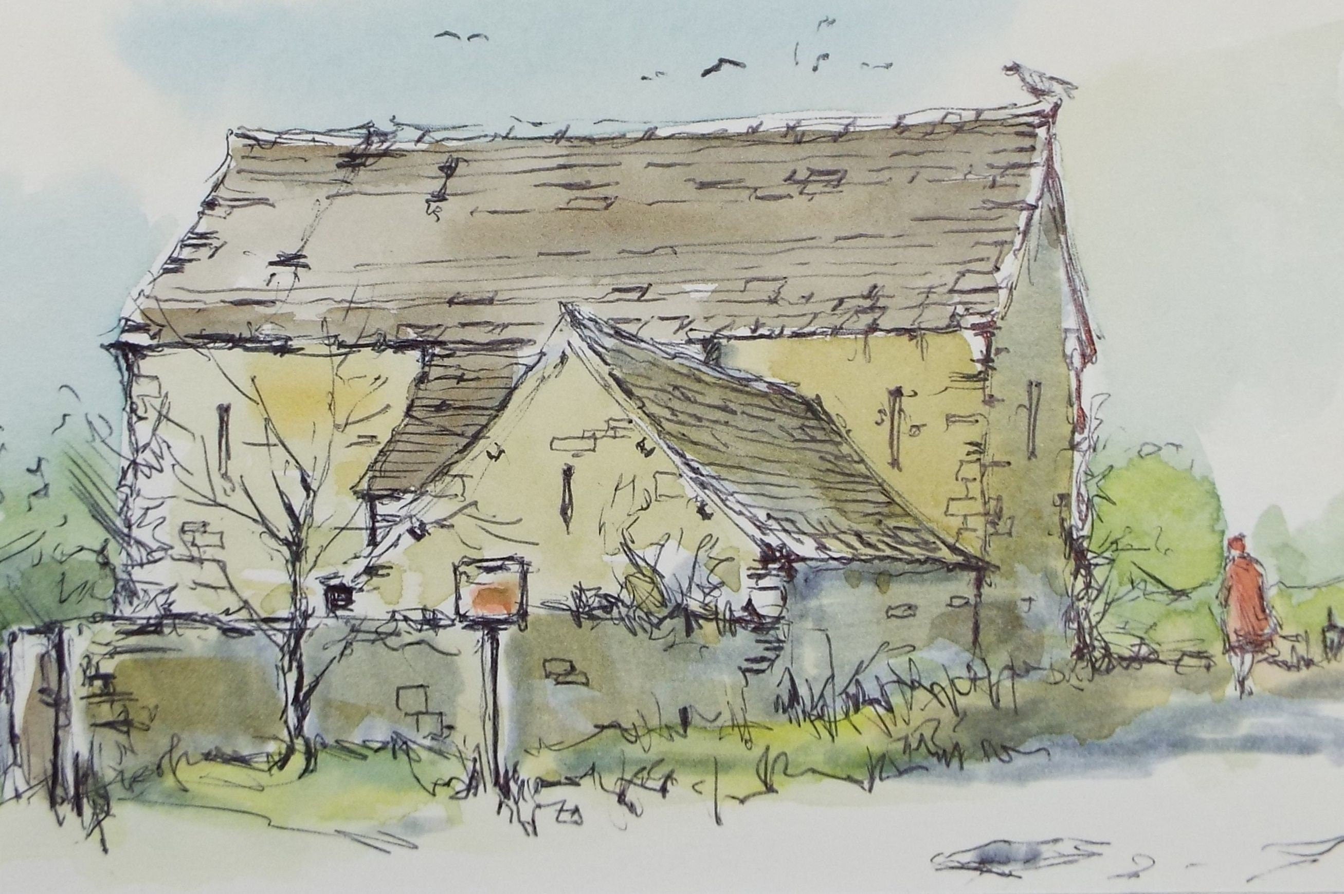 Original Watercolour & Ink, 'Tithe Barn, Cherry Orchard', Circa 1990's, Artist Unknown